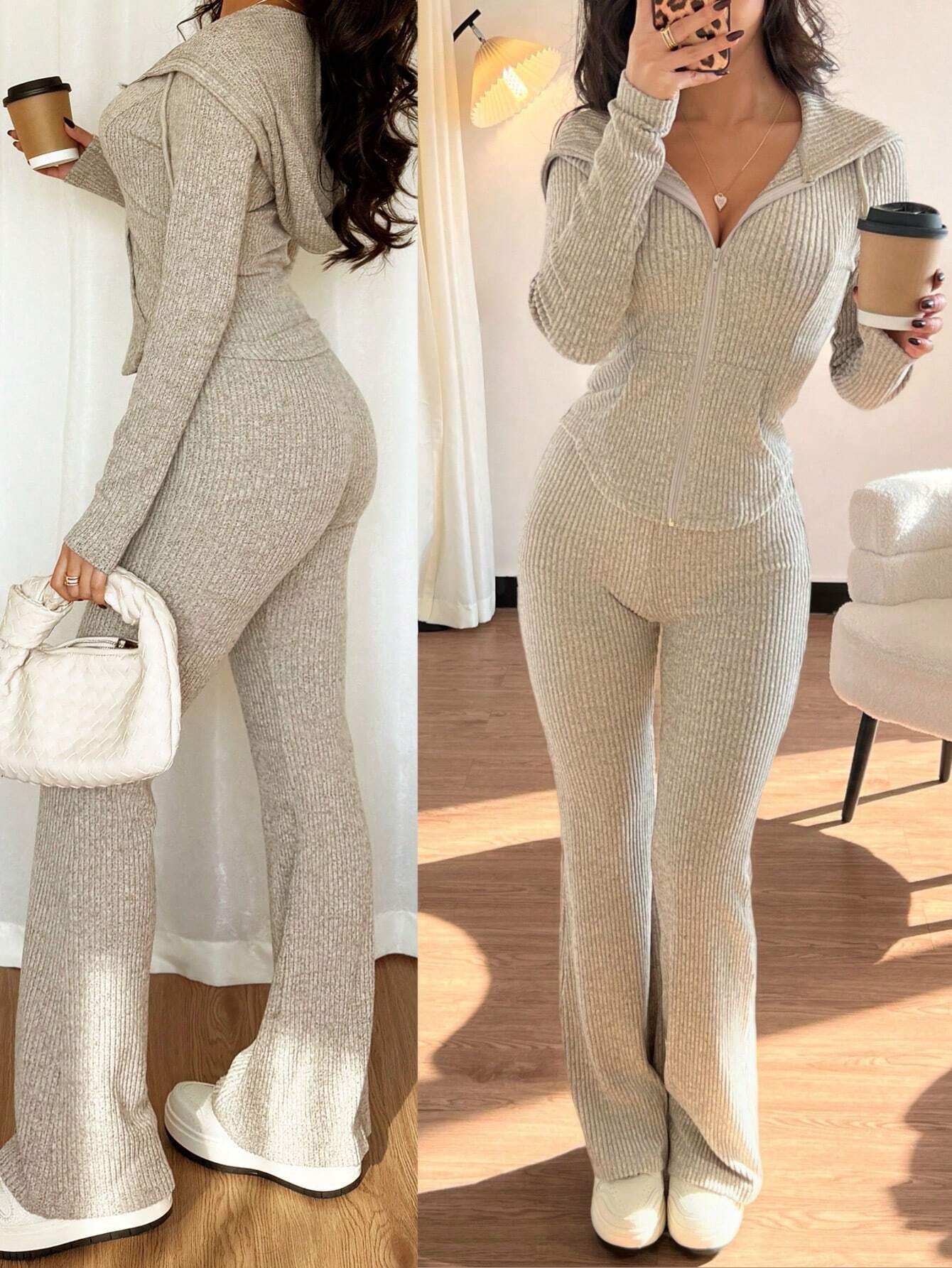 European and American cross-border foreign trade women's slimming autumn and winter casual zipper top and long pants comfortable set undefined