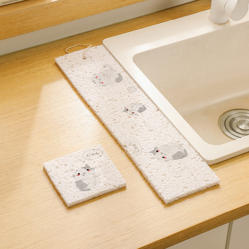 【CL】25Q4#144 White cat pattern nano-compressed wood pulp cotton cleaning sponge, pot and dish washing and scrubbing tool