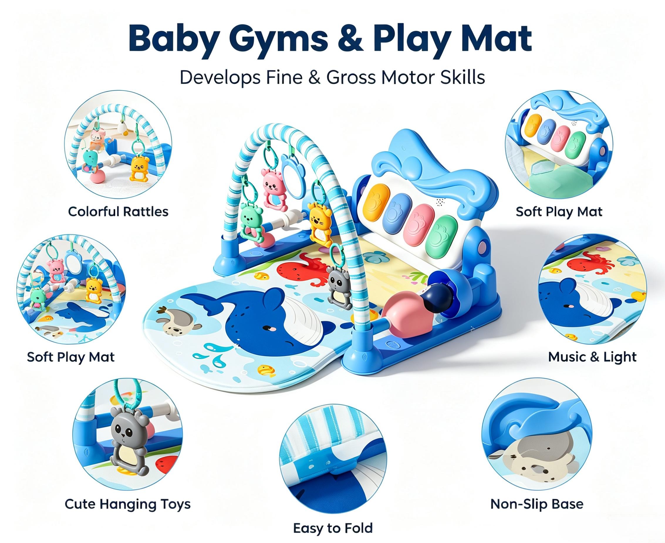 Baby multi-functional fitness rack, ocean-themed blue whale mat, hanging toy pedal piano, climbing mat details Picture