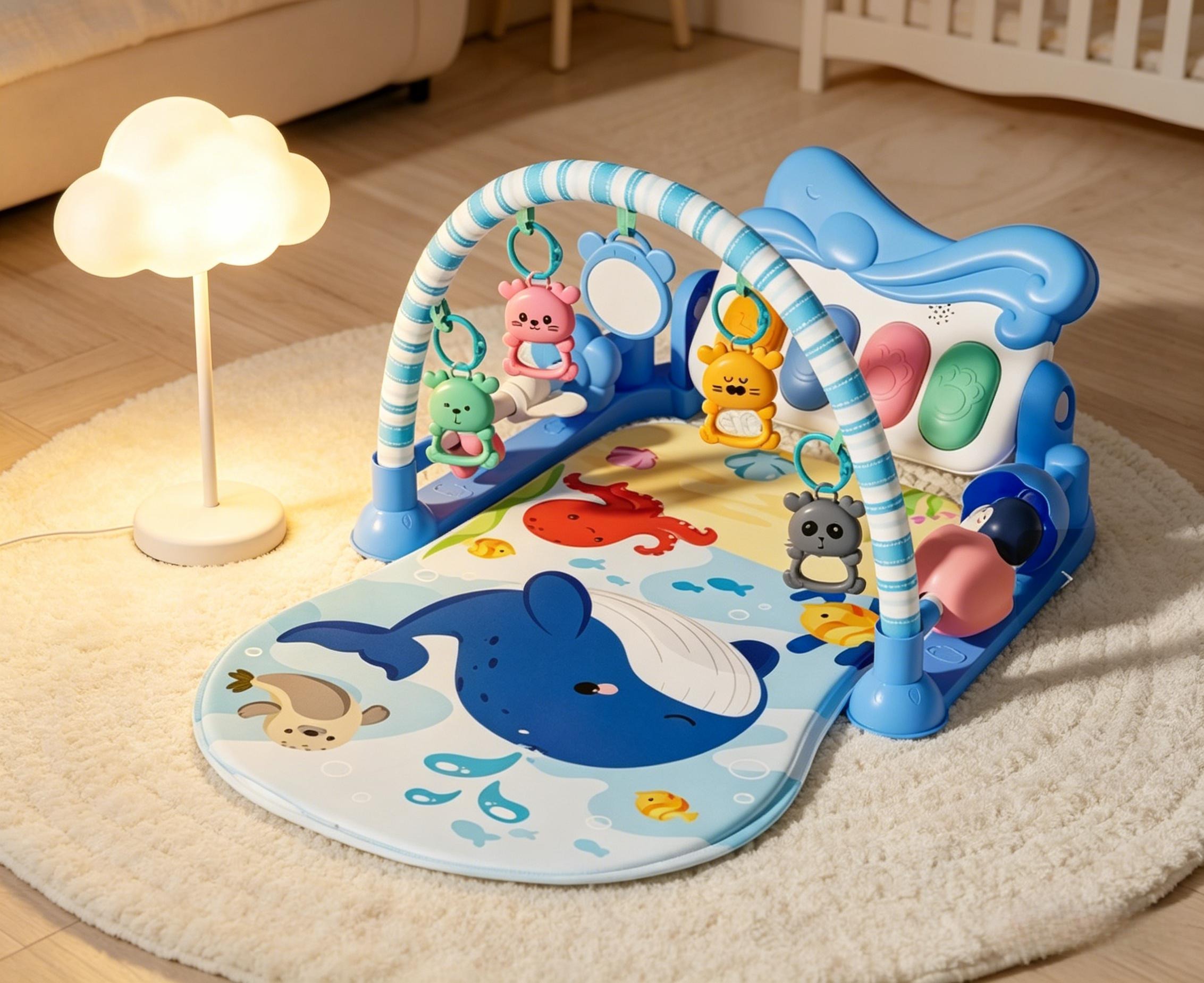 Baby multi-functional fitness rack, ocean-themed blue whale mat, hanging toy pedal piano, climbing mat Application Scenario