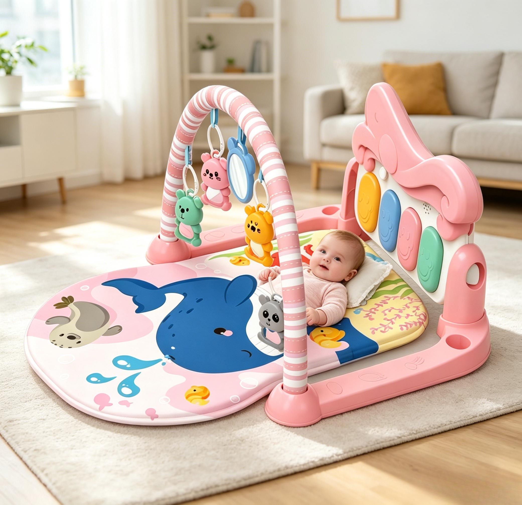 Ballena rosa baby gym estante mat tema marino juguetes colgantes pedal crawl mat juguete hecho a mano multifunción trepadora mat Item Picture