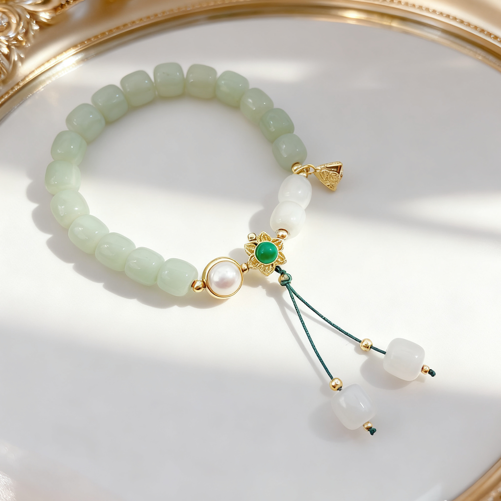 Light green jade bead bracelet with pearl turquoise flower-shaped pendant, tassel crystal handcrafted bracelet, sand gold jewelry