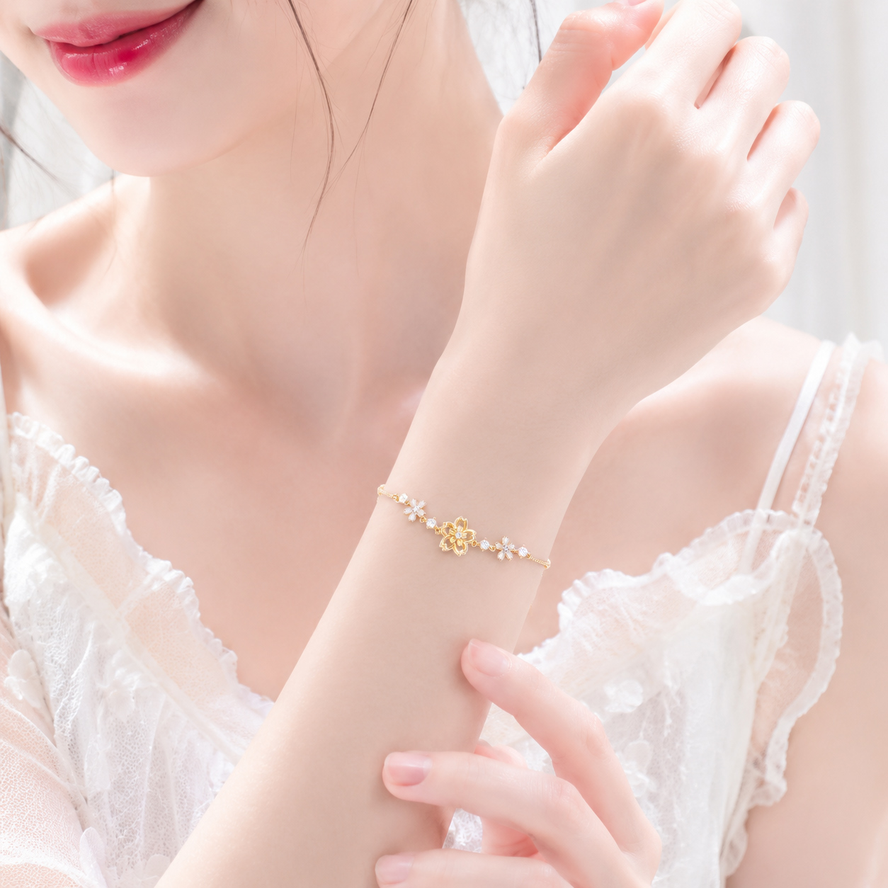 Wholesale of three-dimensional flower diamond snake bone bracelet, cherry blossom falling petal fine chain bracelet, fairy-like girl bracelet accessories pic 7
