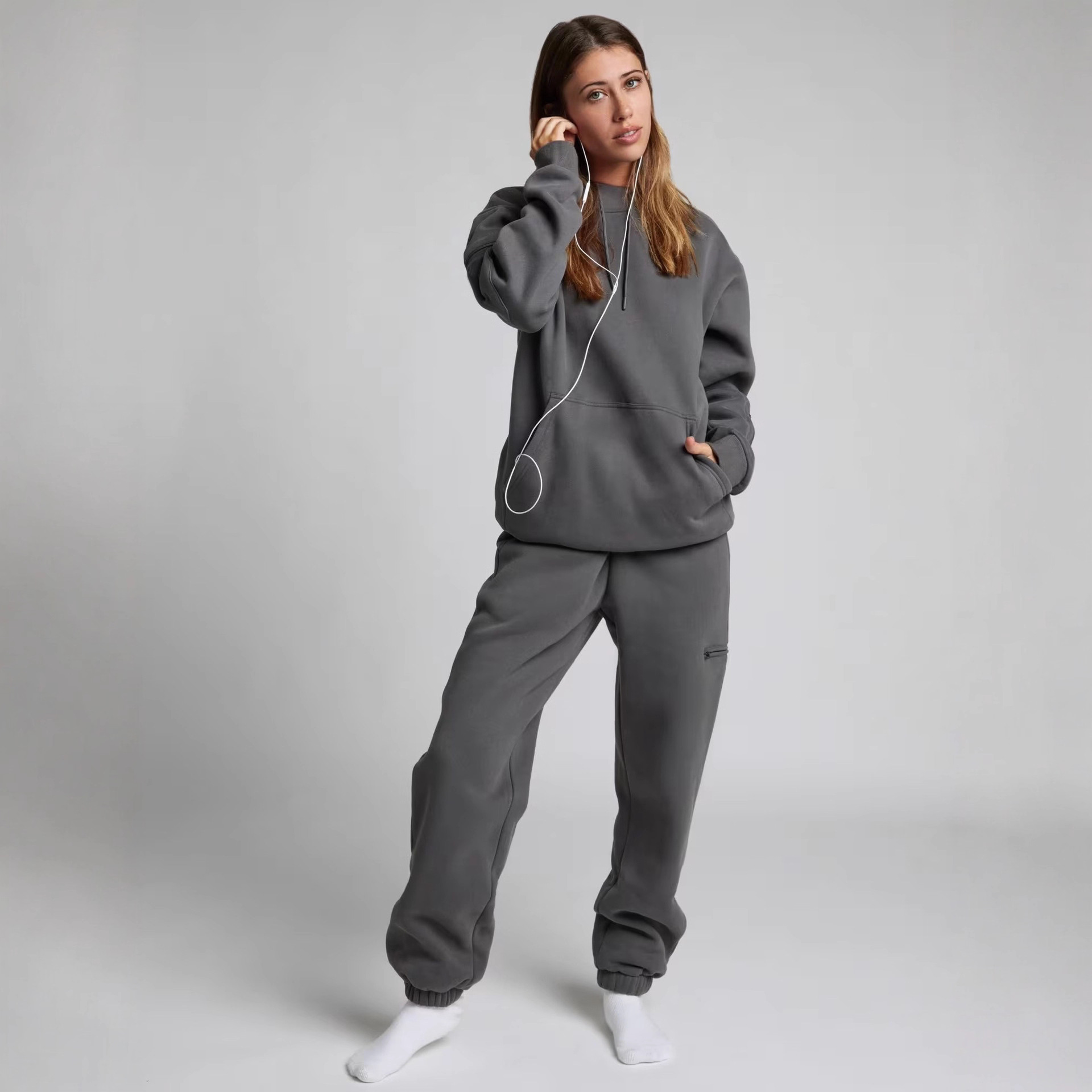 2026 European and American women's autumn and winter solid-color pullover hooded sweatshirt with eye mask and long pants set sweatshirt two-piece set for women undefined