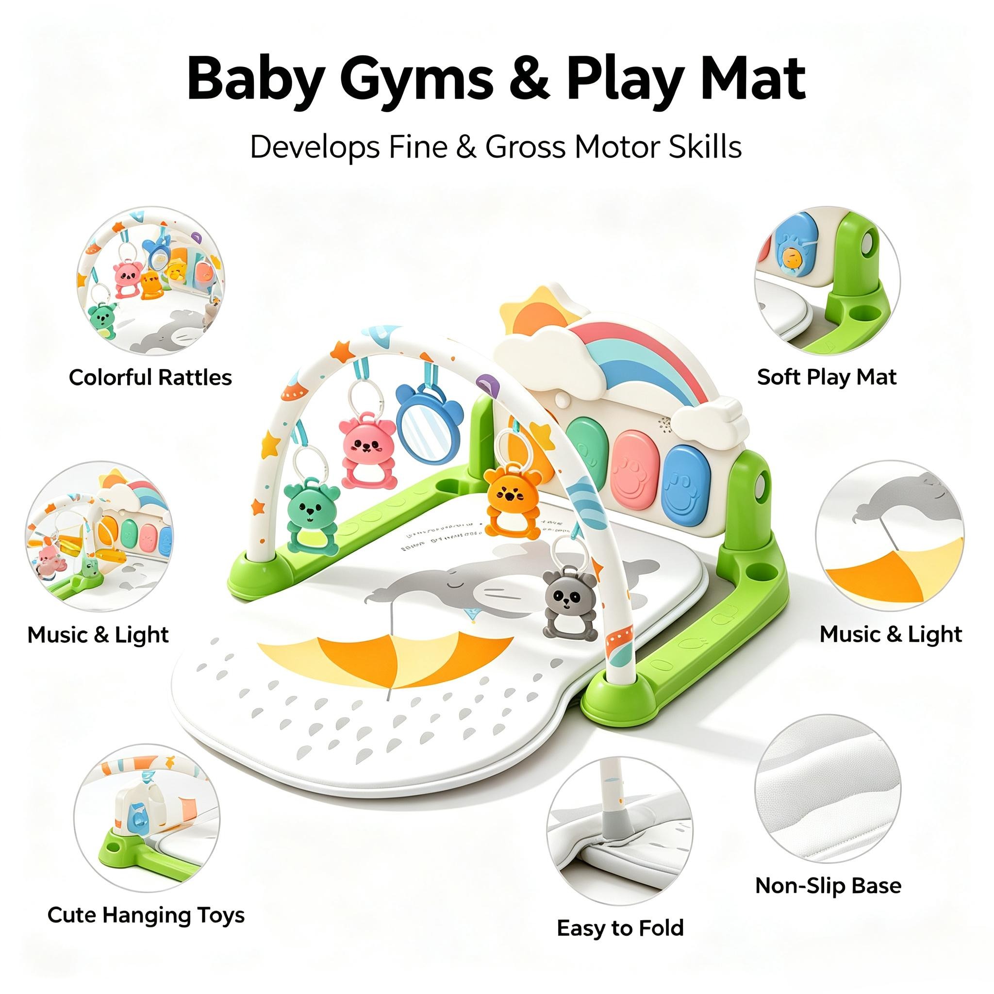 Colorful baby fitness frame, white base, green stand, hanging cartoon animal toys, rainbow piano key area, crawling mat, foot pedal, handcrafted toys details Picture