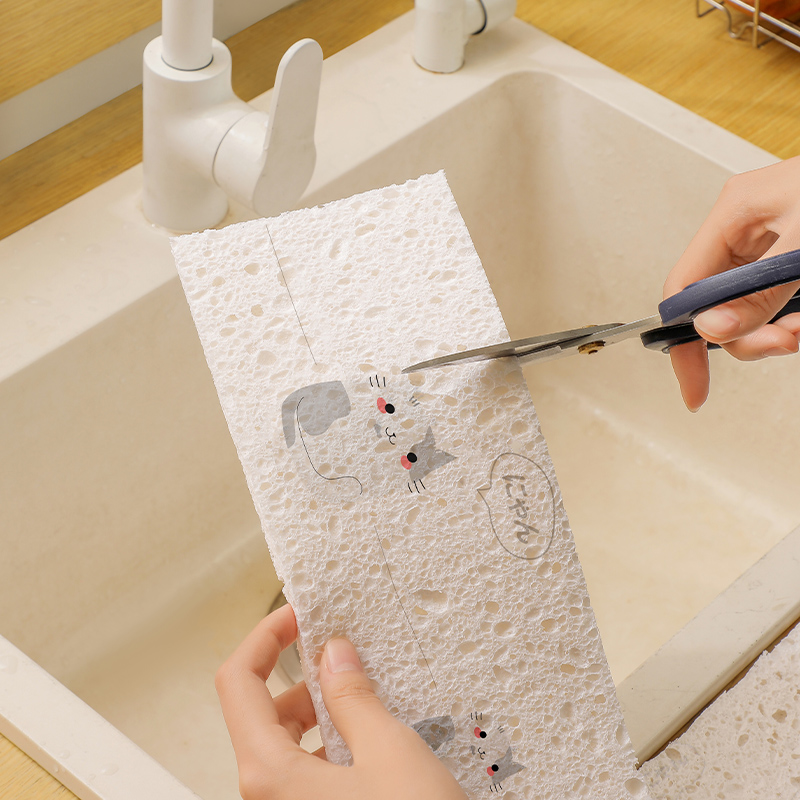 【CL】25Q4#144 White cat pattern nano-compressed wood pulp cotton cleaning sponge, pot and dish washing and scrubbing tool Specification image