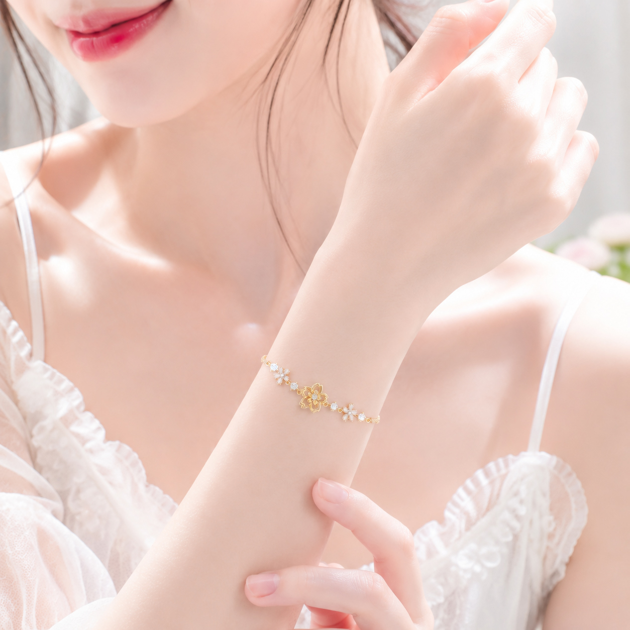 Wholesale of three-dimensional flower diamond snake bone bracelet, cherry blossom falling petal fine chain bracelet, fairy-like girl bracelet accessories pic 8