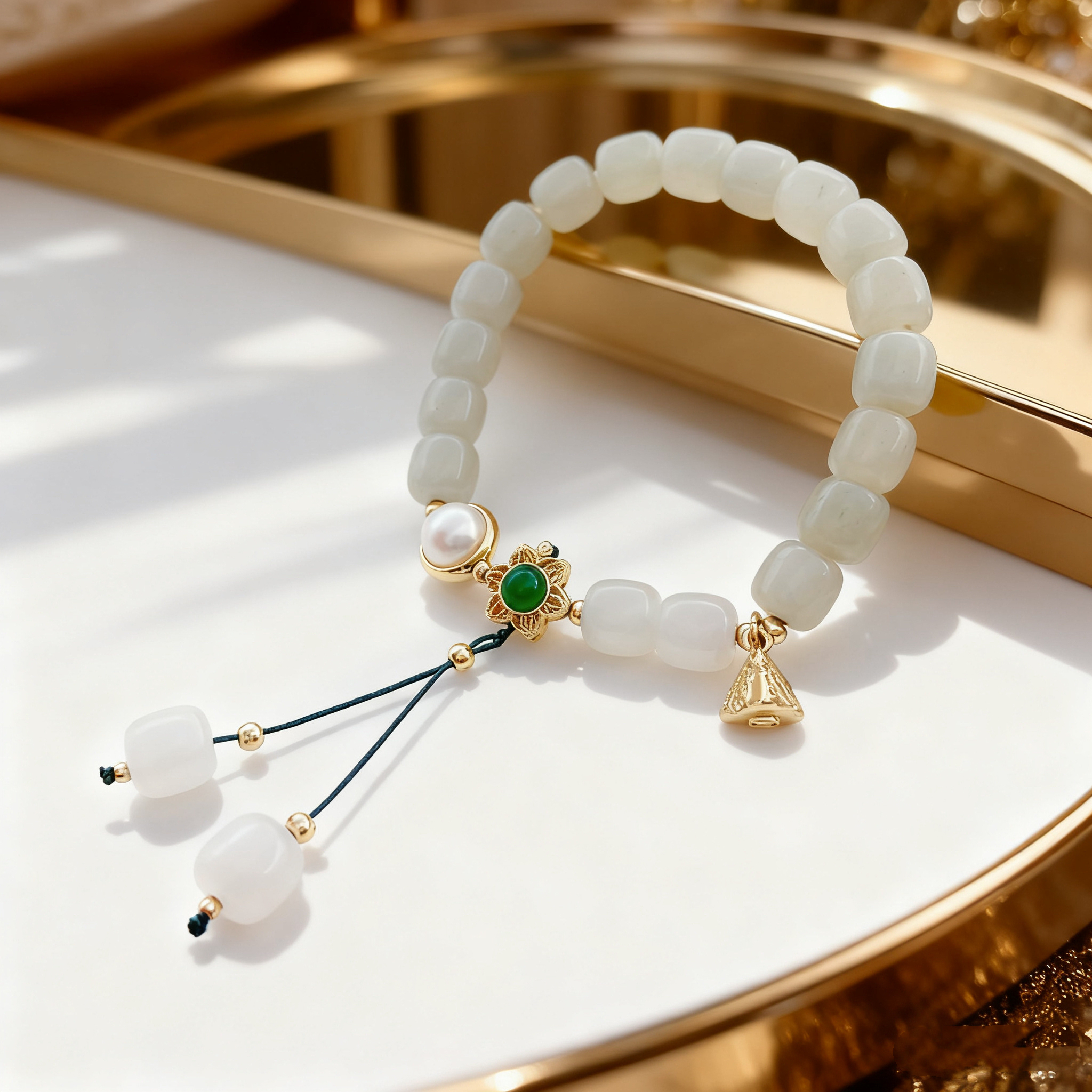 Light green jade bead bracelet with pearl turquoise flower-shaped pendant, tassel crystal handcrafted bracelet, sand gold jewelry Application Scenario