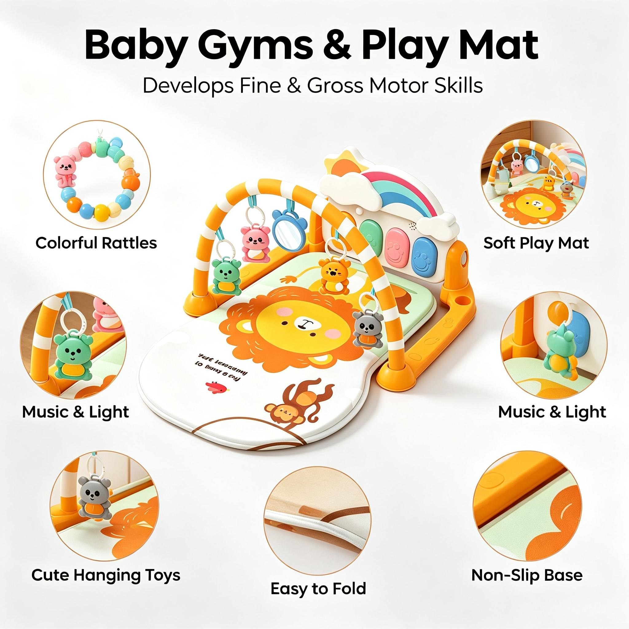 Baby fitness frame, pedal piano, animal-themed little lion, crawling mat, crawling mat, multi-functional early education and intelligence baby toy details Picture