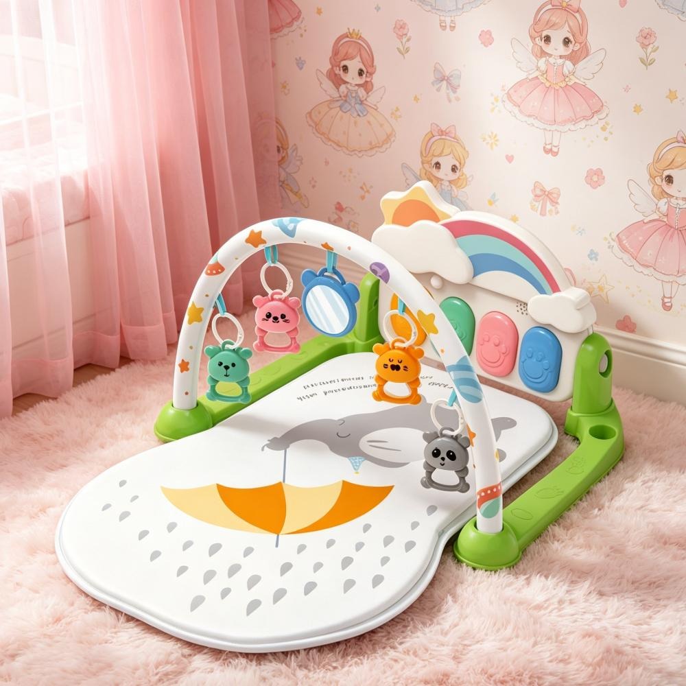 Colorful baby fitness frame, white base, green stand, hanging cartoon animal toys, rainbow piano key area, crawling mat, foot pedal, handcrafted toys Specification image