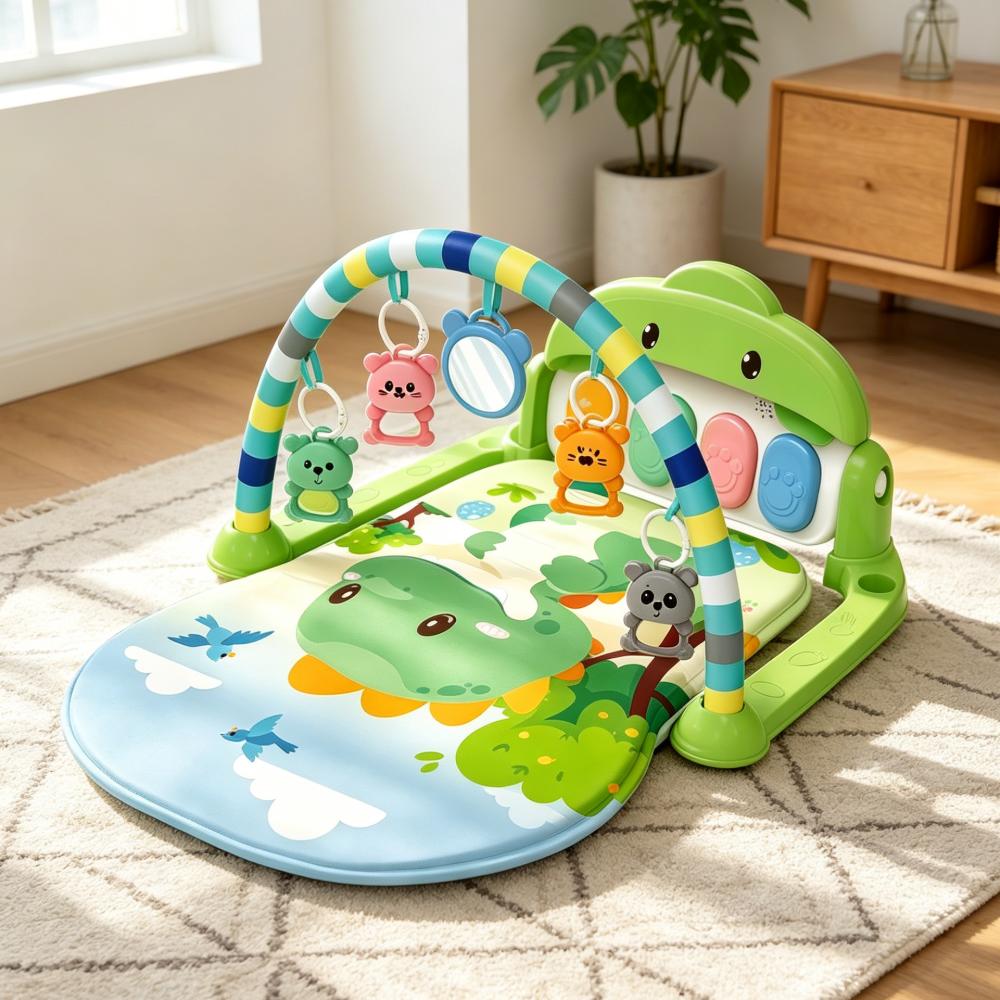 Baby fitness frame, foot pedal piano, green little dinosaur crawling mat, crawling mat, multi-functional early education and intelligence baby toy Application Scenario