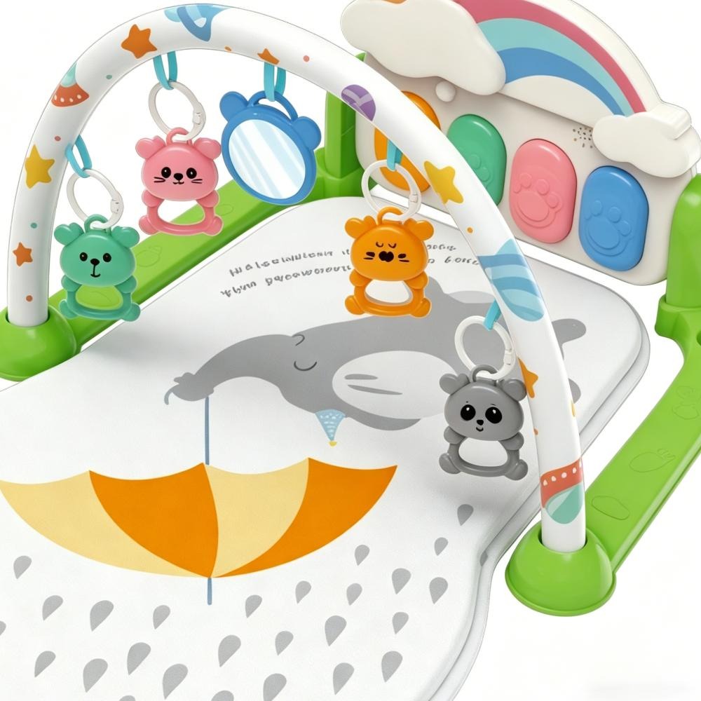 Colorful baby fitness frame, white base, green stand, hanging cartoon animal toys, rainbow piano key area, crawling mat, foot pedal, handcrafted toys Item Picture