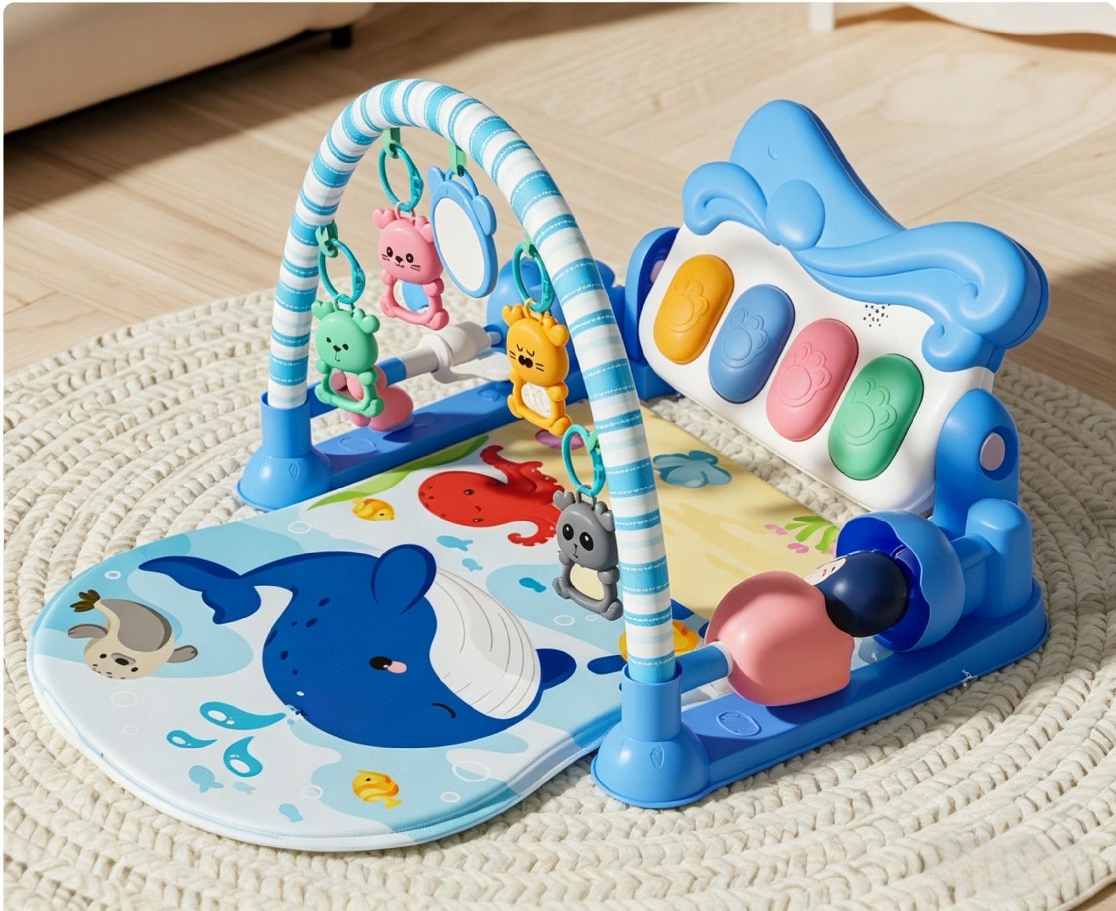 Baby multi-functional fitness rack, ocean-themed blue whale mat, hanging toy pedal piano, climbing mat Item Picture