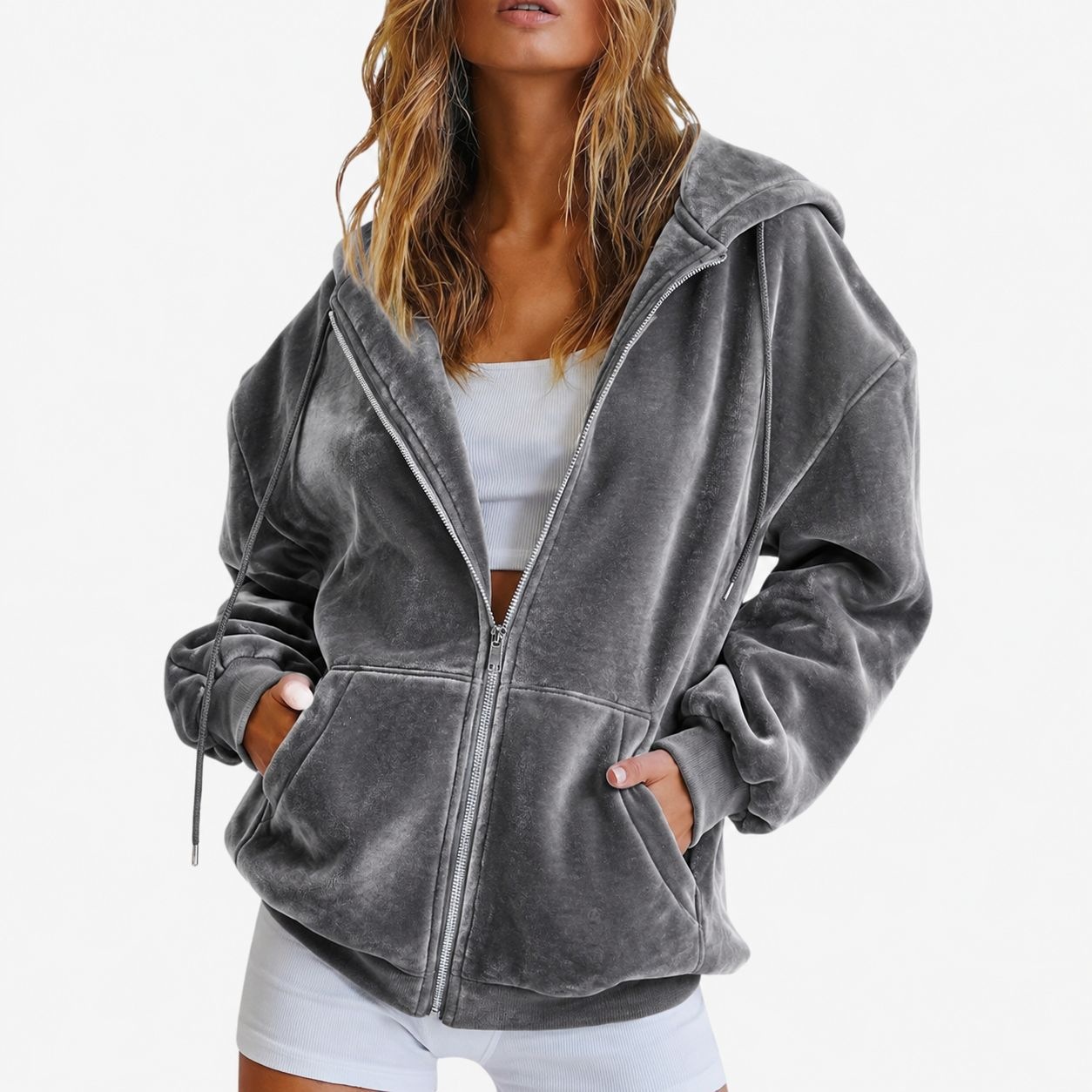 2026 Amazon cross-border European and American velvet hooded sweatshirt Autumn and winter Loose zipper cardigan jacket Casual top sweatshirt undefined