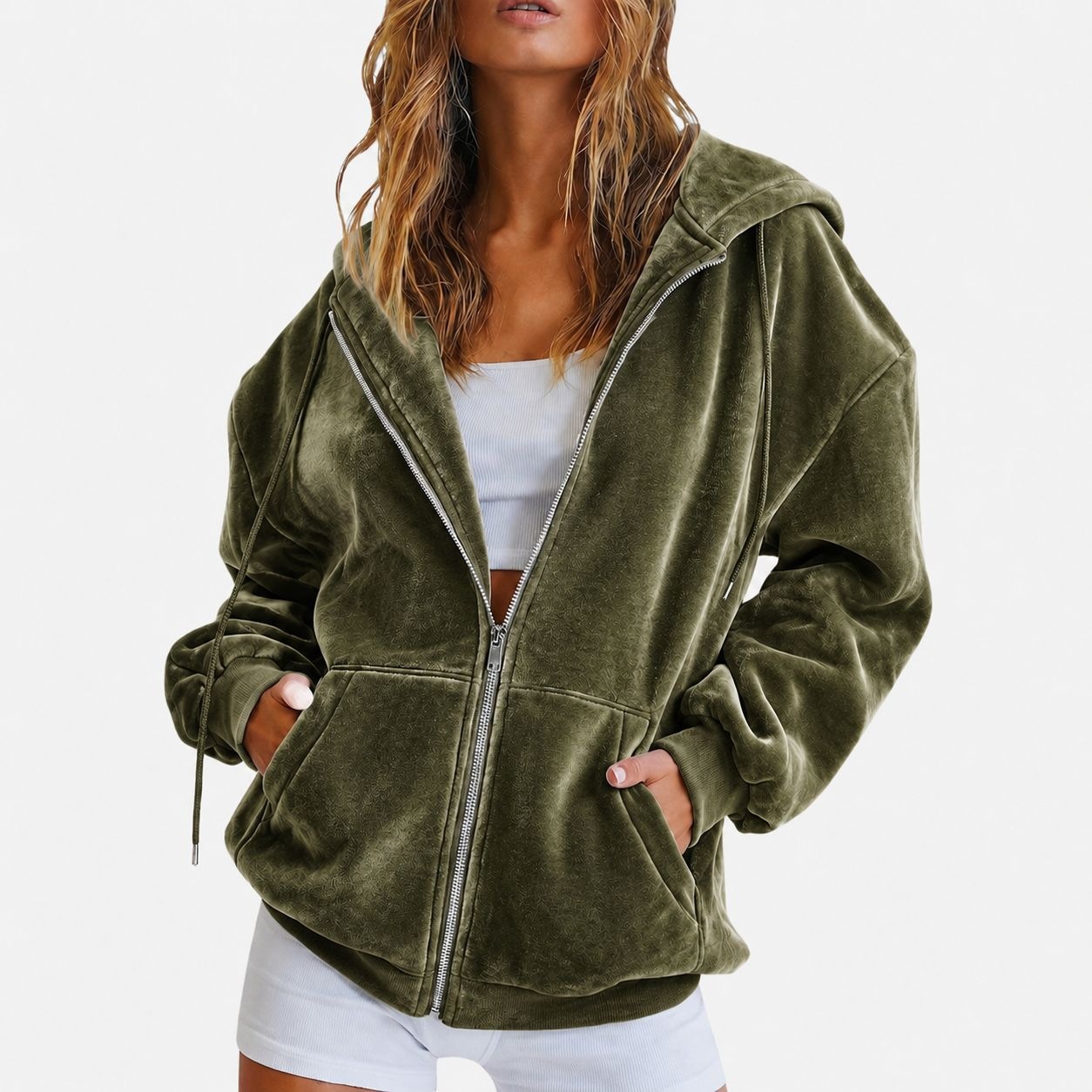 2026 Amazon cross-border European and American velvet hooded sweatshirt Autumn and winter Loose zipper cardigan jacket Casual top sweatshirt Item Picture