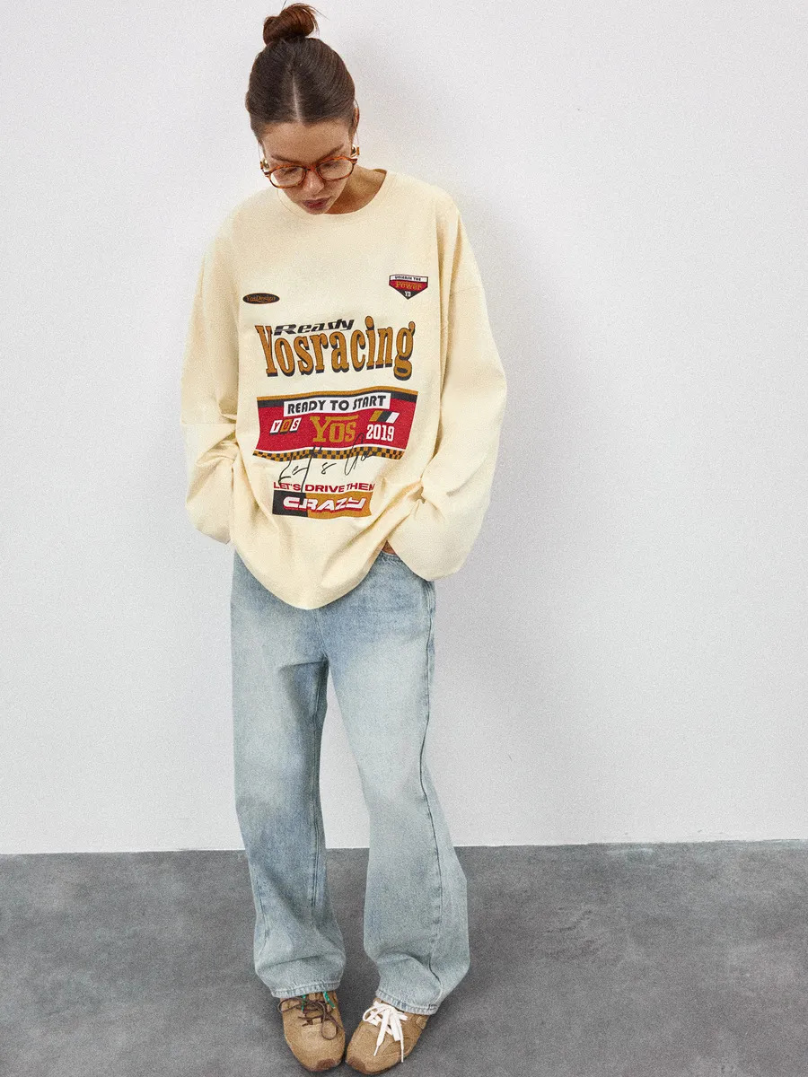 100% pure cotton long-sleeved T-shirt 2026 early autumn American fashion, individualistic and trendy printed hiphop top
