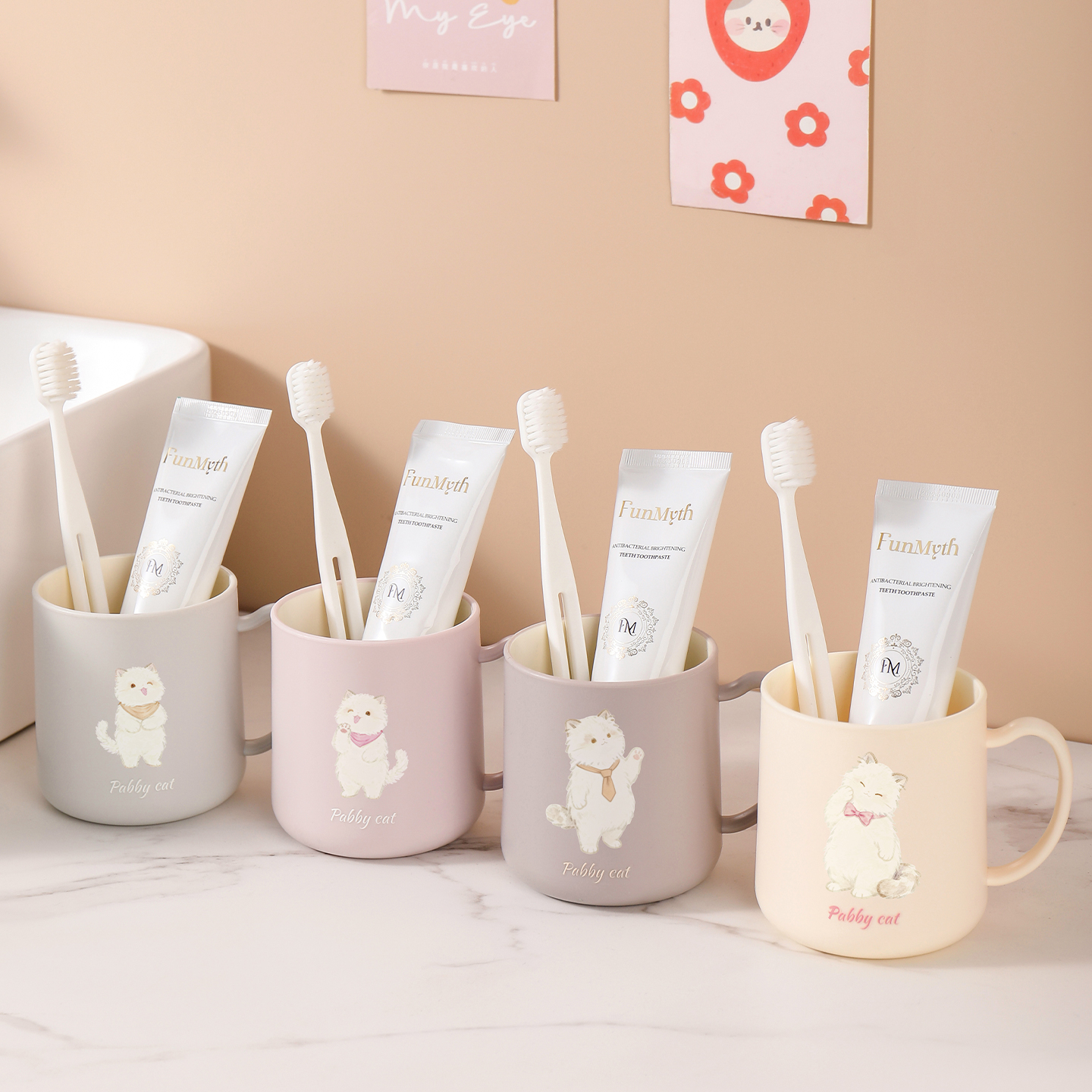 【CL】25Q4#K423-1 Bathroom mouthwash Cup, a family of four bathroom product, cute tooth cup in multiple colors details Picture