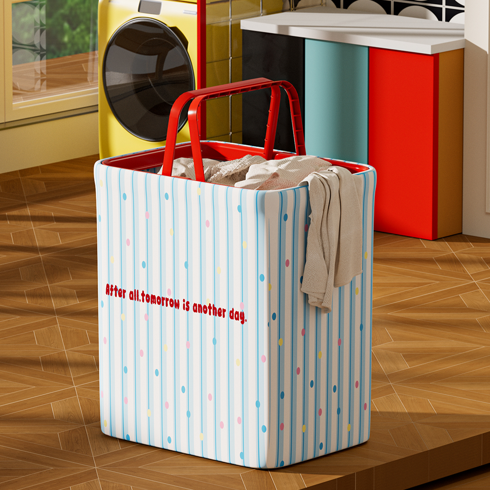 【CL】26Q3#803-1 Beige fabric storage basket, orange folding handle multi-purpose organizing box, home storage box, storage basket, storage basket Specification image