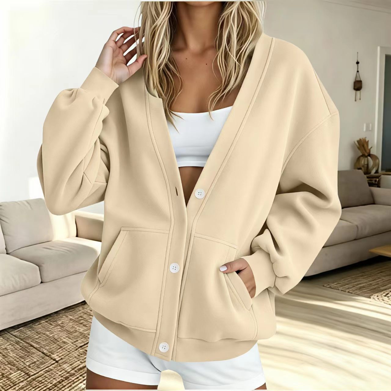 2026 Cross-border Amazon bestseller European and American women's hoodie autumn and winter solid color casual long-sleeved button-down cardigan Specification image