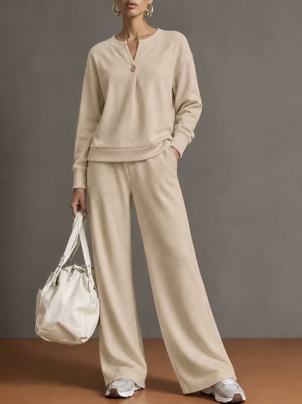 Otoño invierno 2026 nuevo cross-border europa y américa mujer cuello en V solo botón manga larga sudadera pantalones de pierna ancha holgada casual dos piezas Specification image