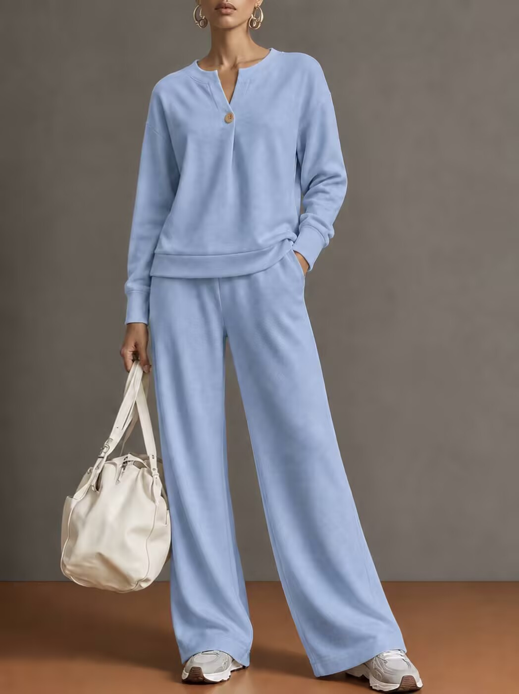 Otoño invierno 2026 nuevo cross-border europa y américa mujer cuello en V solo botón manga larga sudadera pantalones de pierna ancha holgada casual dos piezas Application Scenario