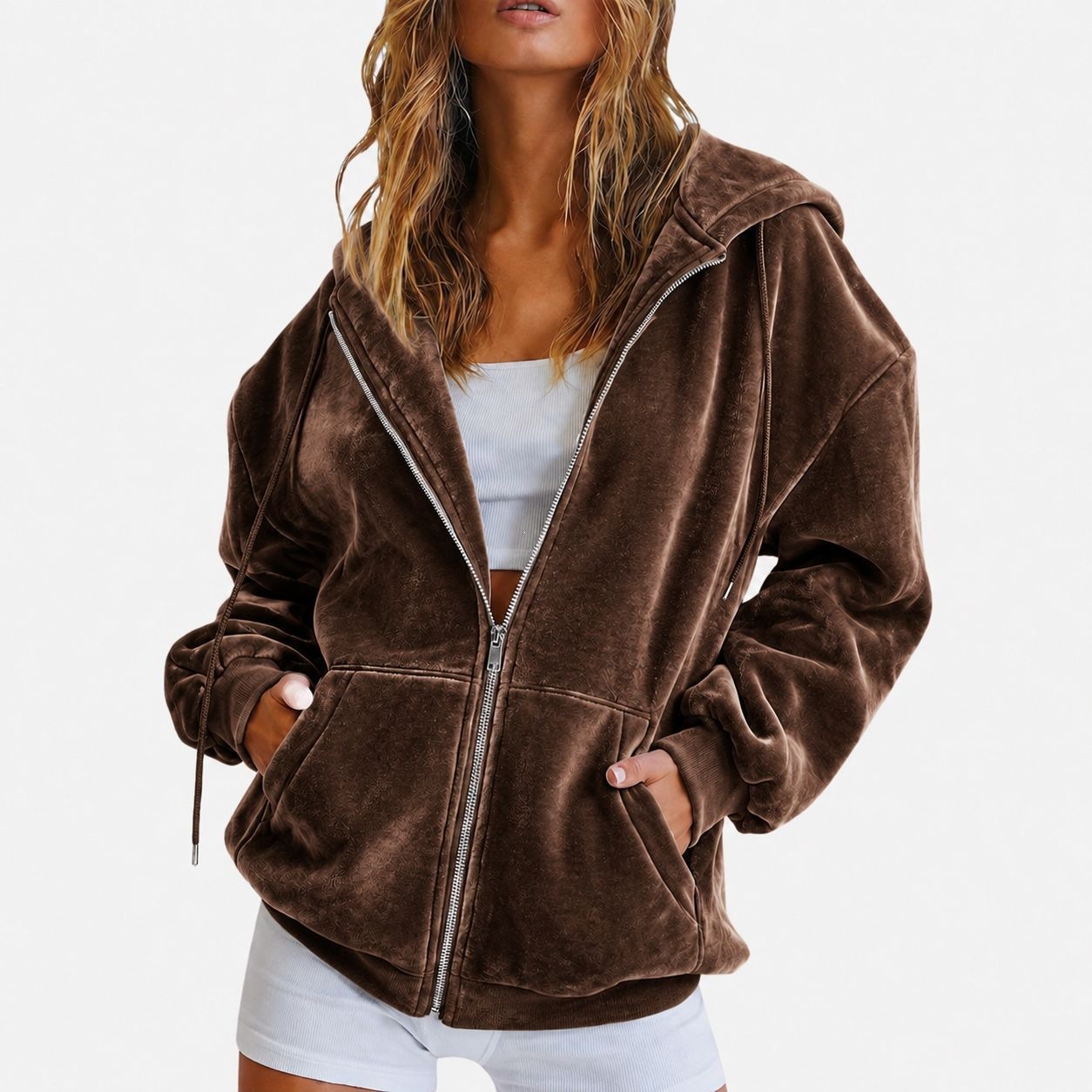 2026 Amazon cross-border European and American velvet hooded sweatshirt Autumn and winter Loose zipper cardigan jacket Casual top sweatshirt Specification image