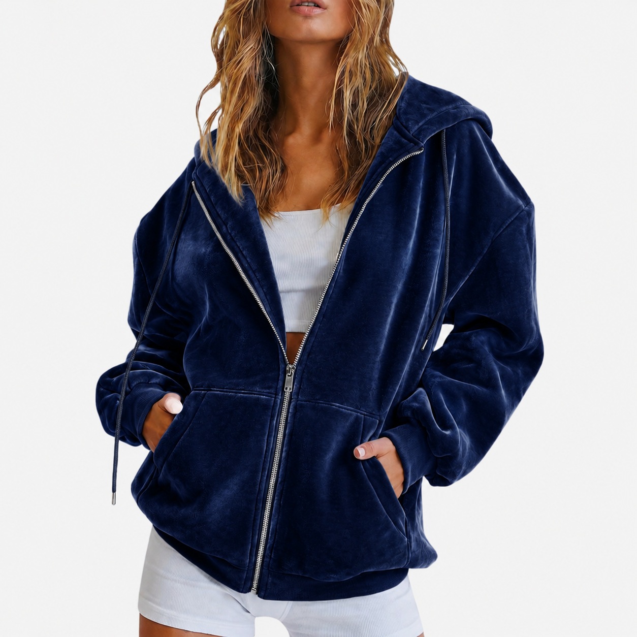 2026 Amazon cross-border European and American velvet hooded sweatshirt Autumn and winter Loose zipper cardigan jacket Casual top sweatshirt
