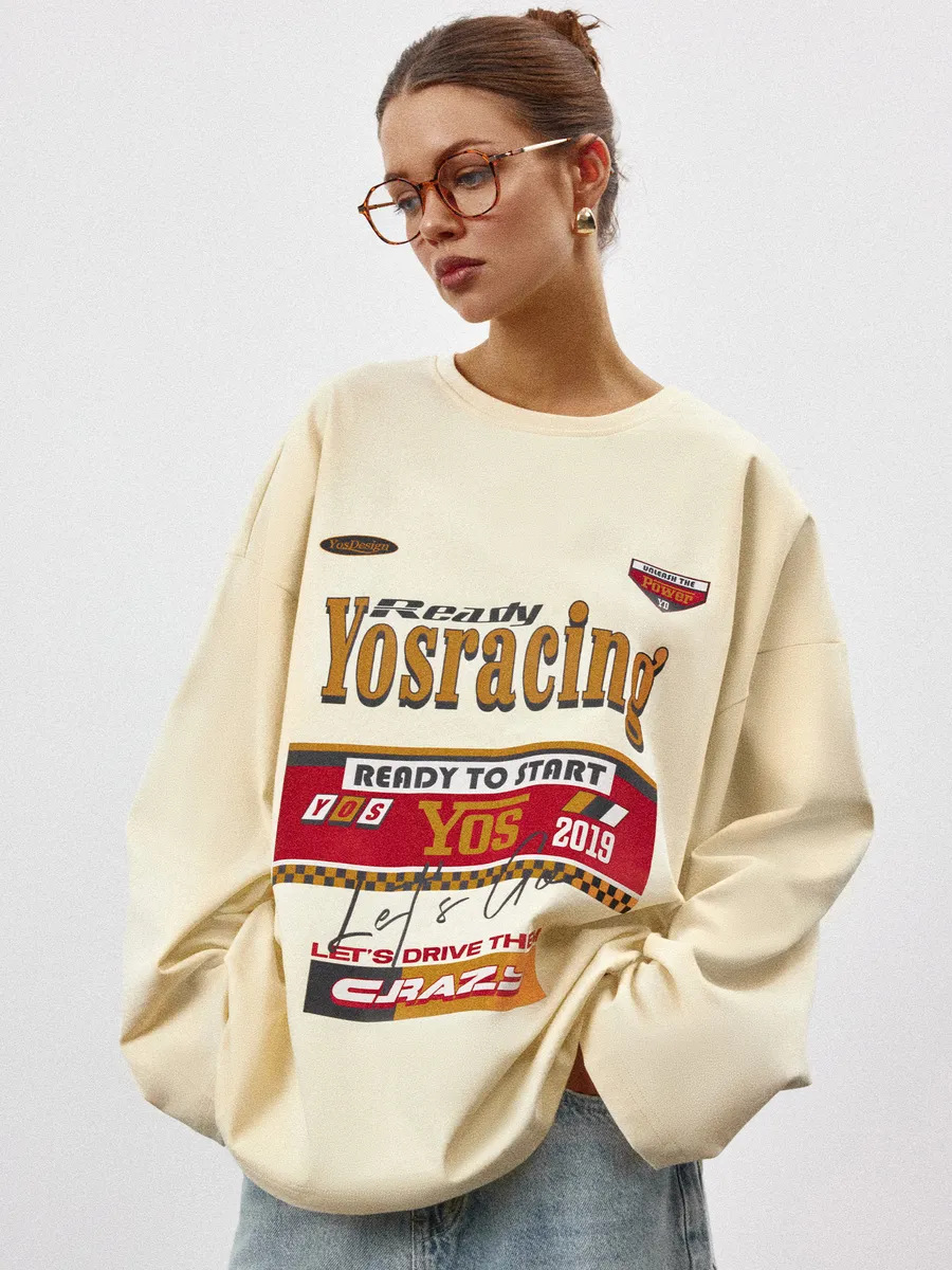 100% pure cotton long-sleeved T-shirt 2026 early autumn American fashion, individualistic and trendy printed hiphop top Application Scenario