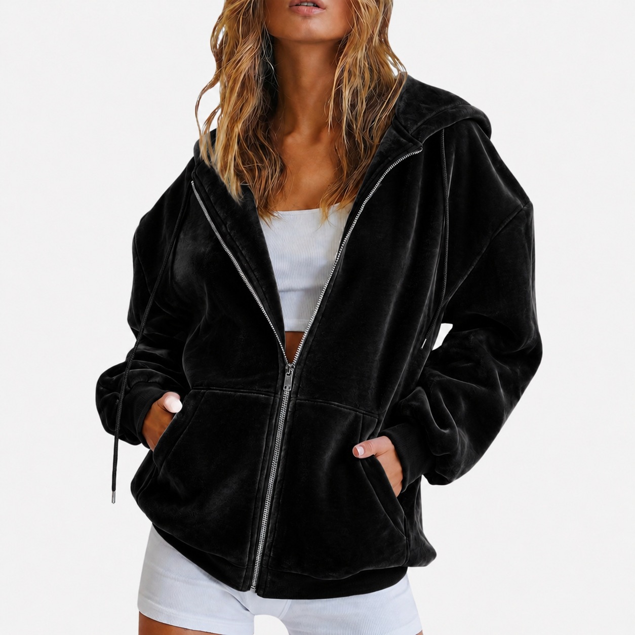 2026 Amazon cross-border European and American velvet hooded sweatshirt autumn and winter Loose zipper cardigan jacket Casual top Specification image