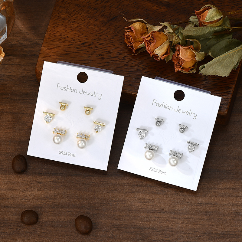 French S925 long silver needle, simple and individual T-shaped small golden ball, one clip, three pairs design, daily versatile stud earrings