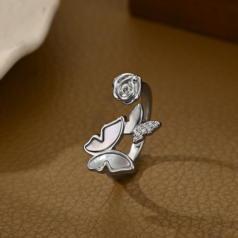 French rose butterfly mother-of-pearl open ring, women's gold double butterfly camellia light luxury gentle daily versatile ring Item Picture