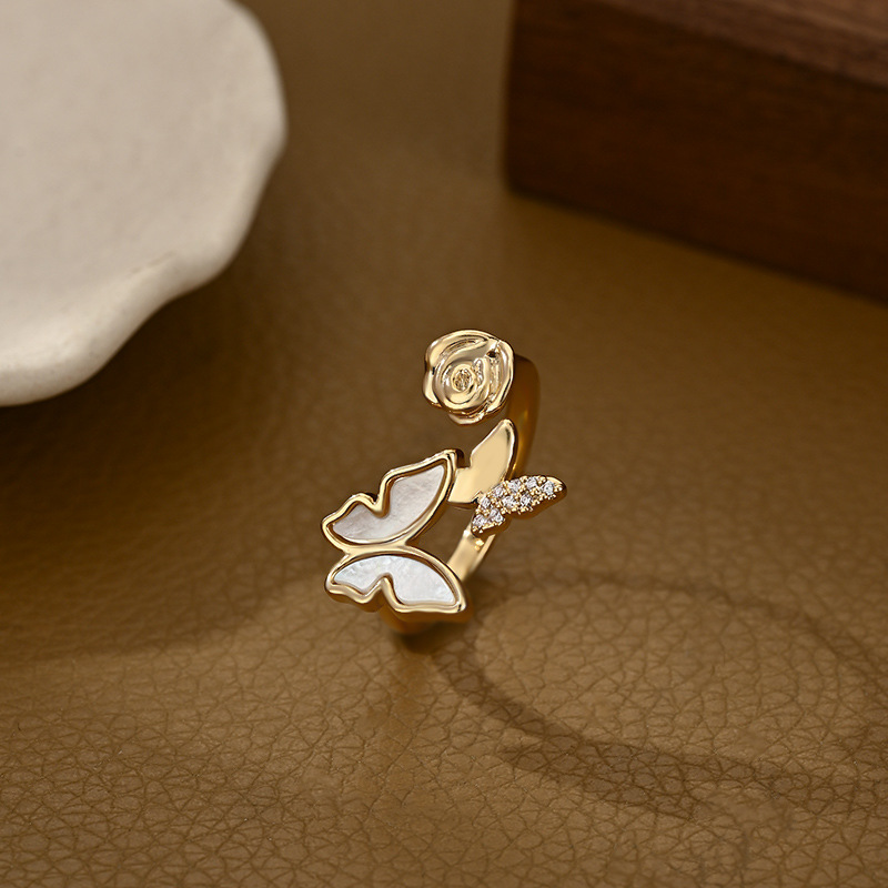 French rose butterfly mother-of-pearl open ring, women's gold double butterfly camellia light luxury gentle daily versatile ring Application Scenario