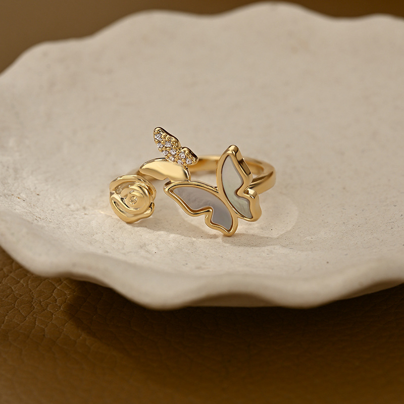 French rose butterfly mother-of-pearl open ring, women's gold double butterfly camellia light luxury gentle daily versatile ring details Picture