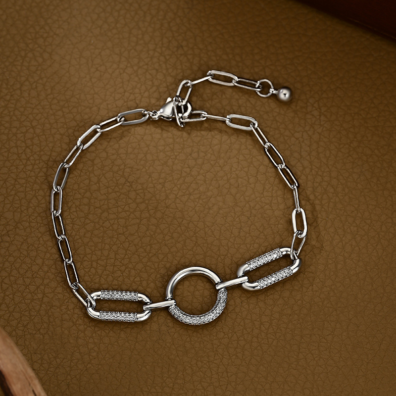 Silver ring buckle diamond-encrusted thick chain bracelet, sweet and cool feminine style, adjustable niche bracelet Specification image