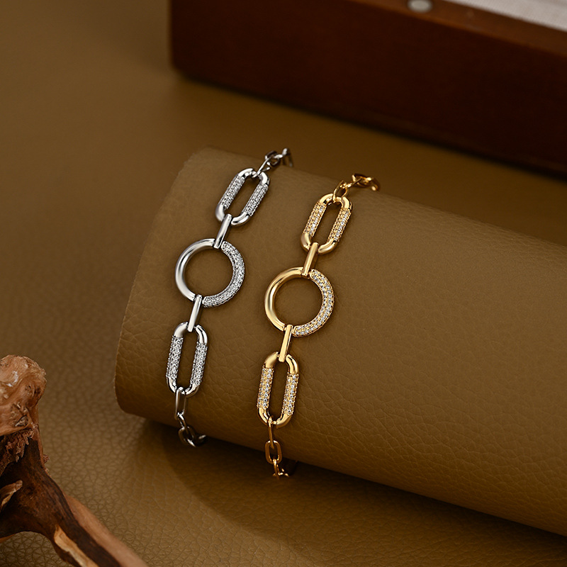 Silver ring buckle diamond-encrusted thick chain bracelet, sweet and cool feminine style, adjustable niche bracelet