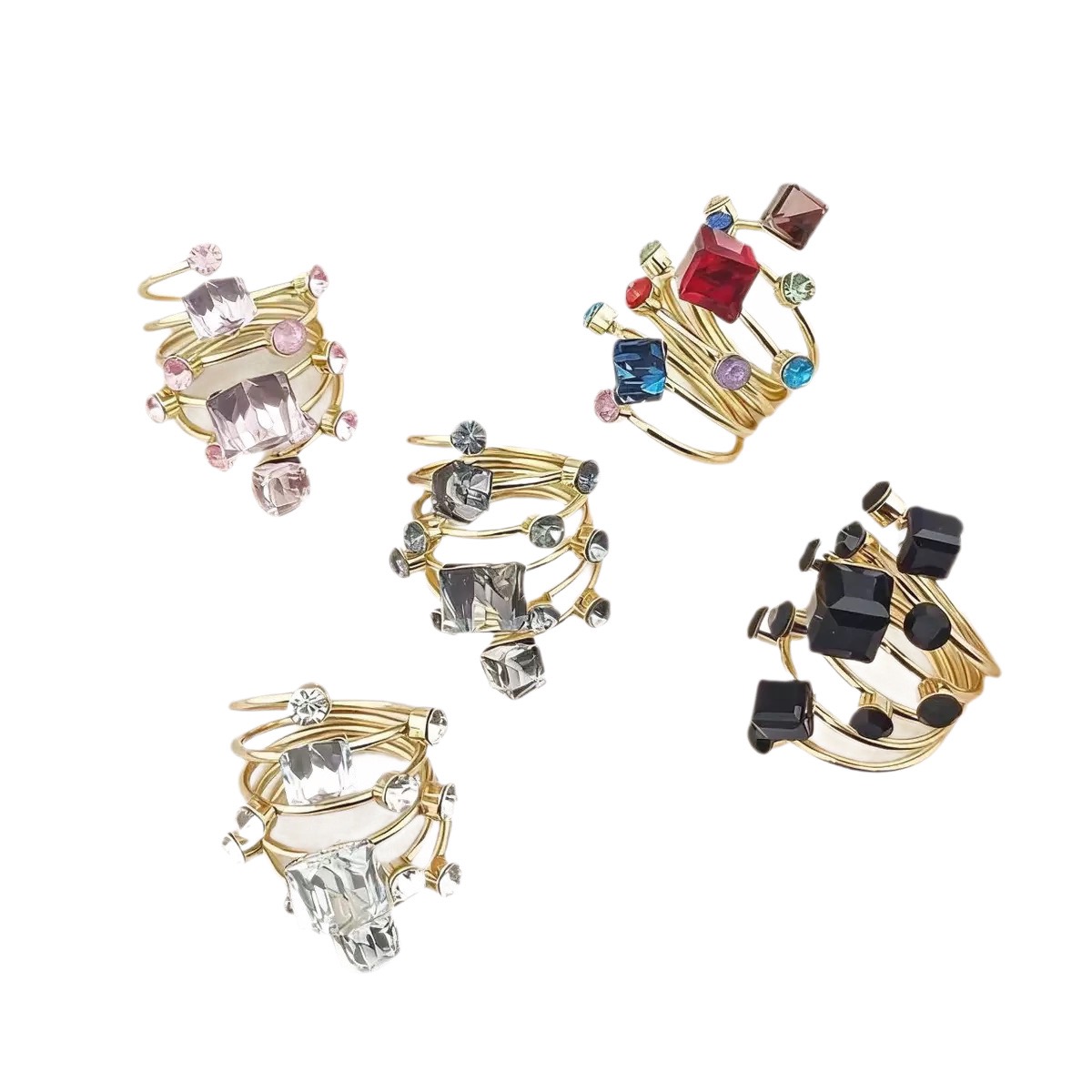 European and American retro colored crystal ring, multi-layer wound open ring for women, personalized and fashionable accessory
