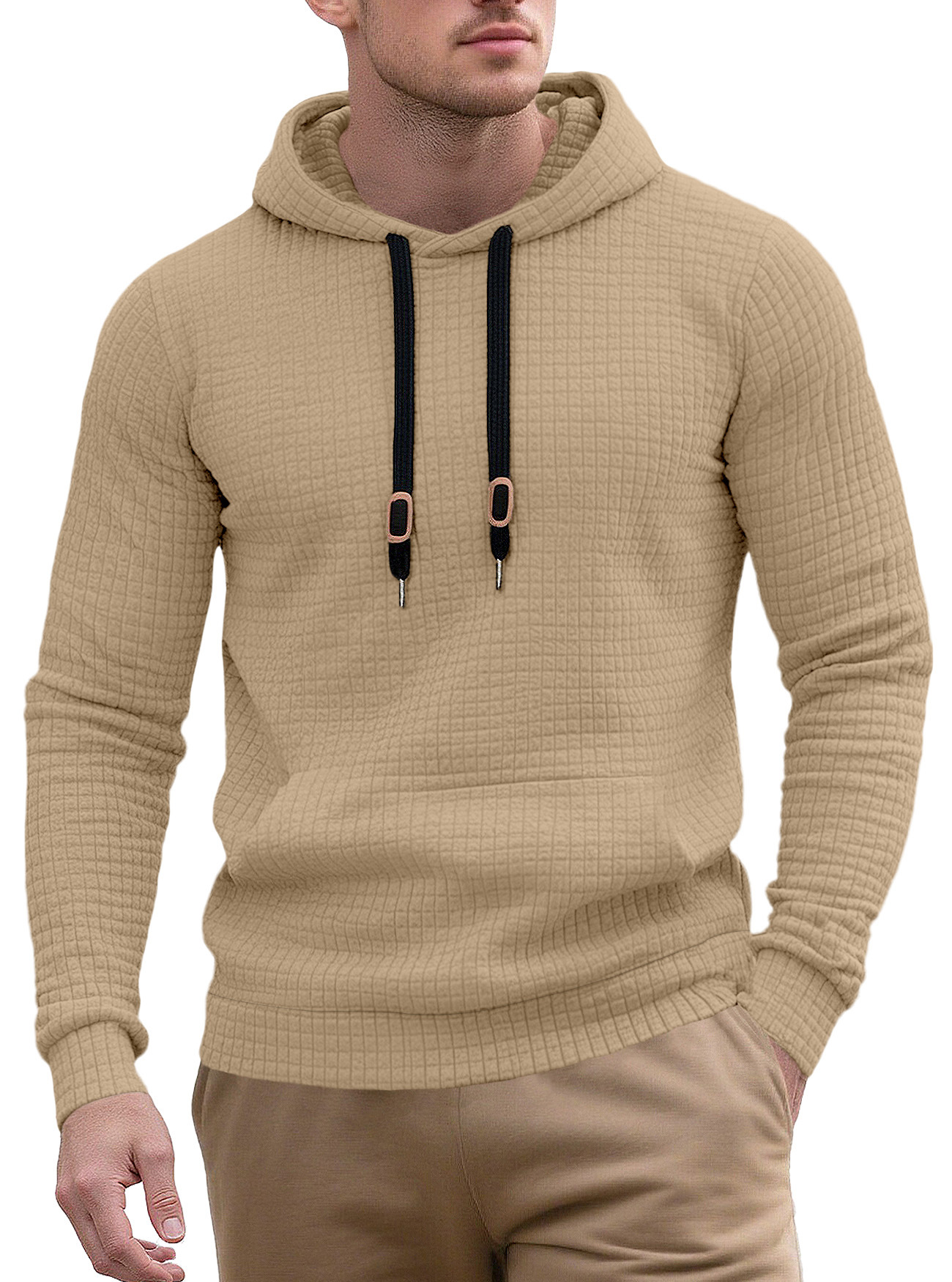 Cross-border men's jacquard top, Amazon Opa Spring and Autumn new casual loose sporty solid color hooded sweatshirt