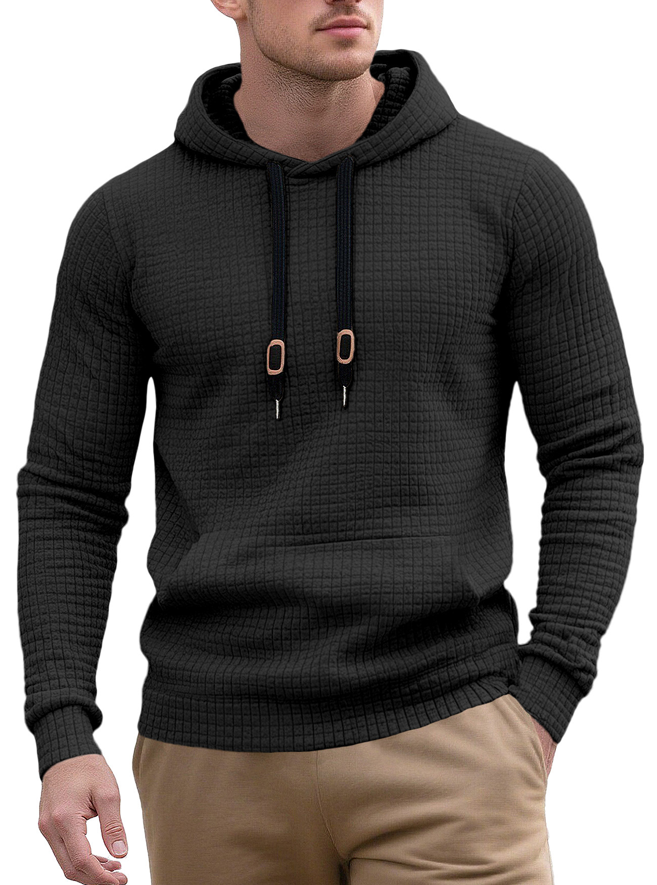 Cross-border men's jacquard top, Amazon Opa Spring and Autumn new casual loose sporty solid color hooded sweatshirt undefined