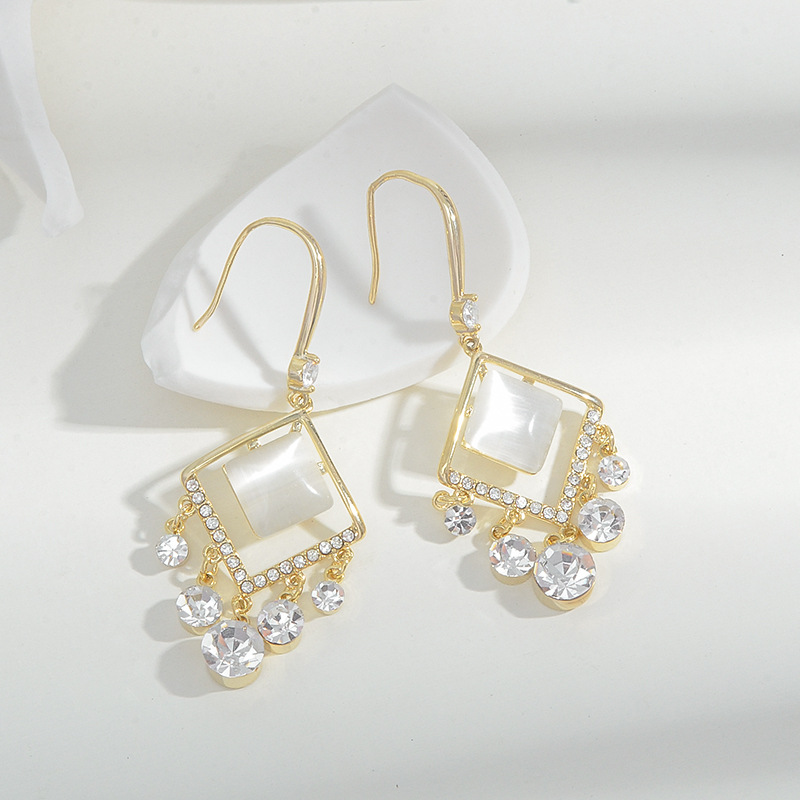 Golden hollowed-out square tassel ear hooks, female geometric square long pendant ear studs details Picture