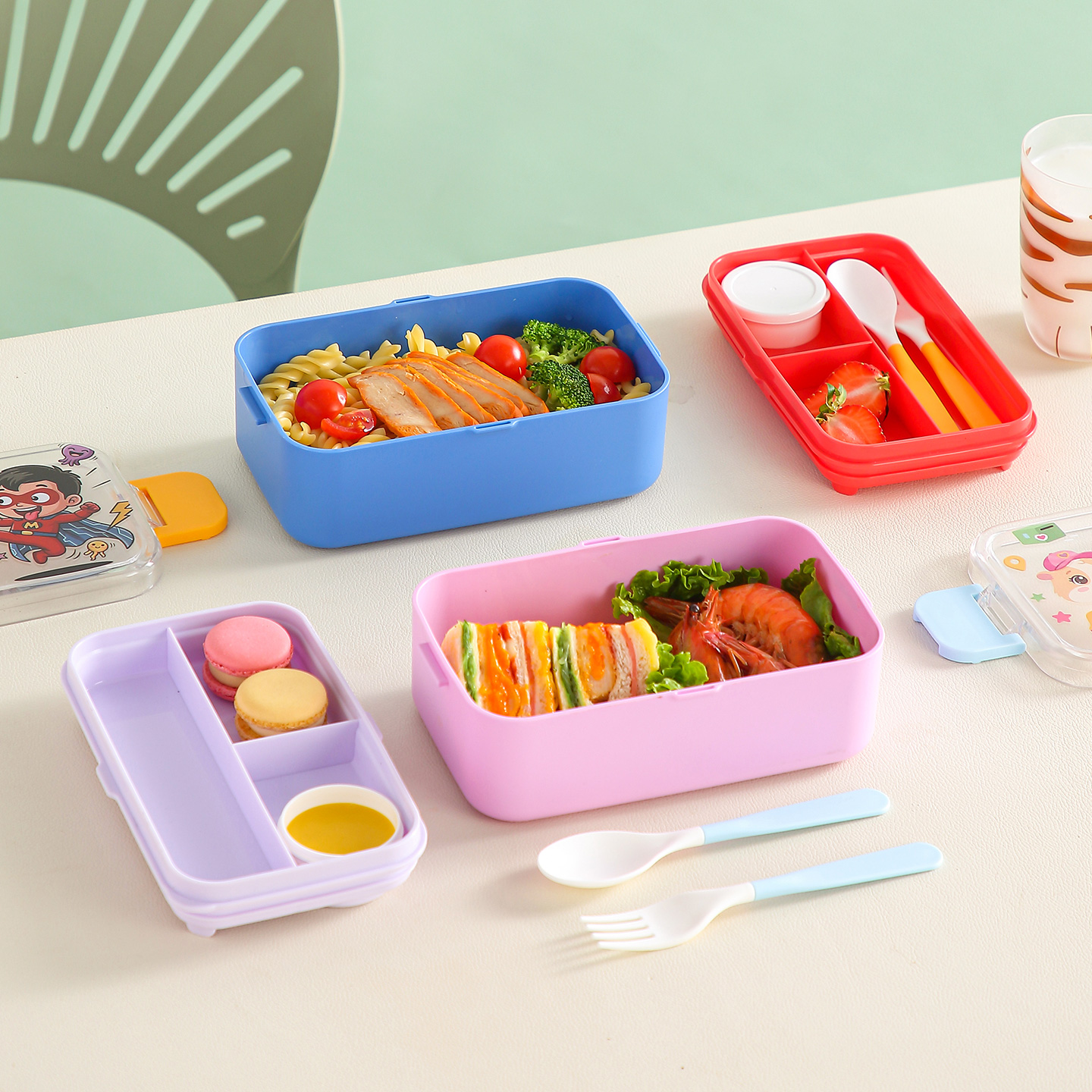 【CL】26Q3#6727 Color Cartoon Children's Tableware Set, Stainless Steel Insulated Lunch Box, four-compartment instant noodle Bowl, Student portable Tableware set Specification image