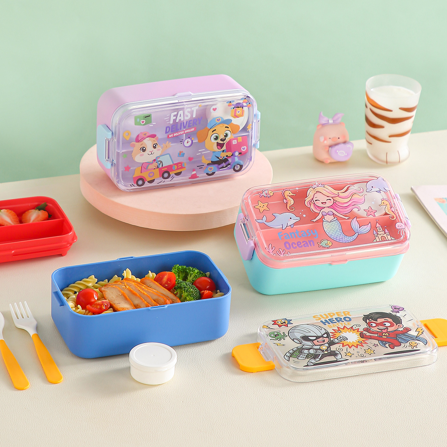 【CL】26Q3#6727 Color Cartoon Children's Tableware Set, Stainless Steel Insulated Lunch Box, four-compartment instant noodle Bowl, Student portable Tableware set