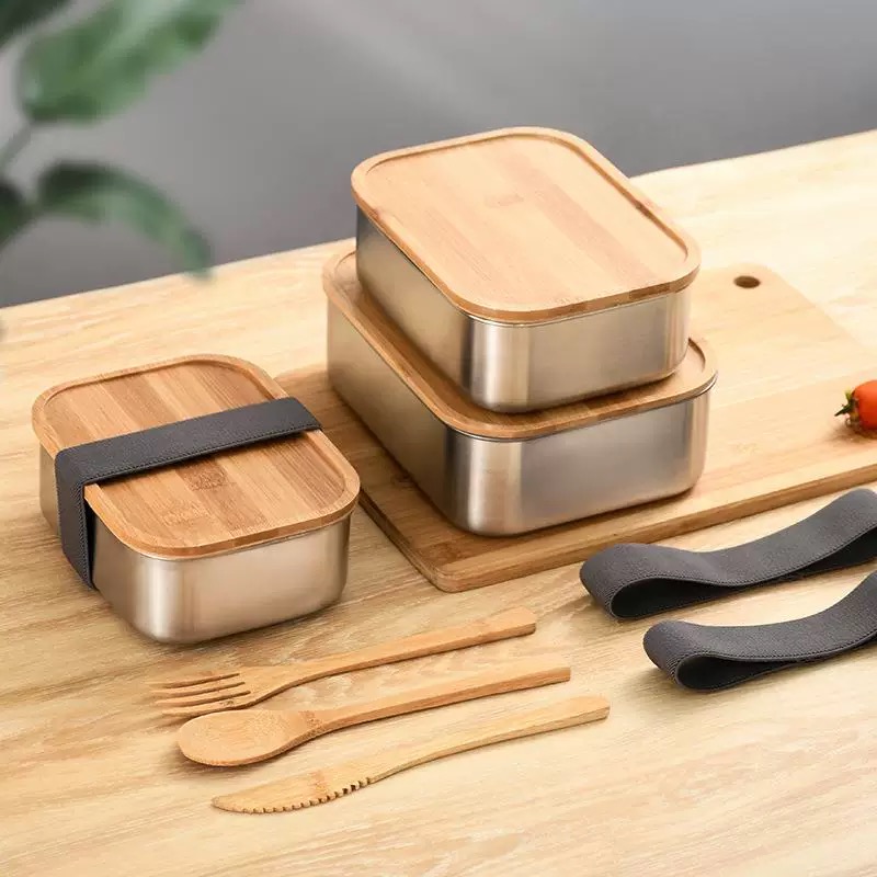 Stainless steel bamboo lid lunch box, sealed preservation box, student lunch box, refrigerator food storage box, large capacity