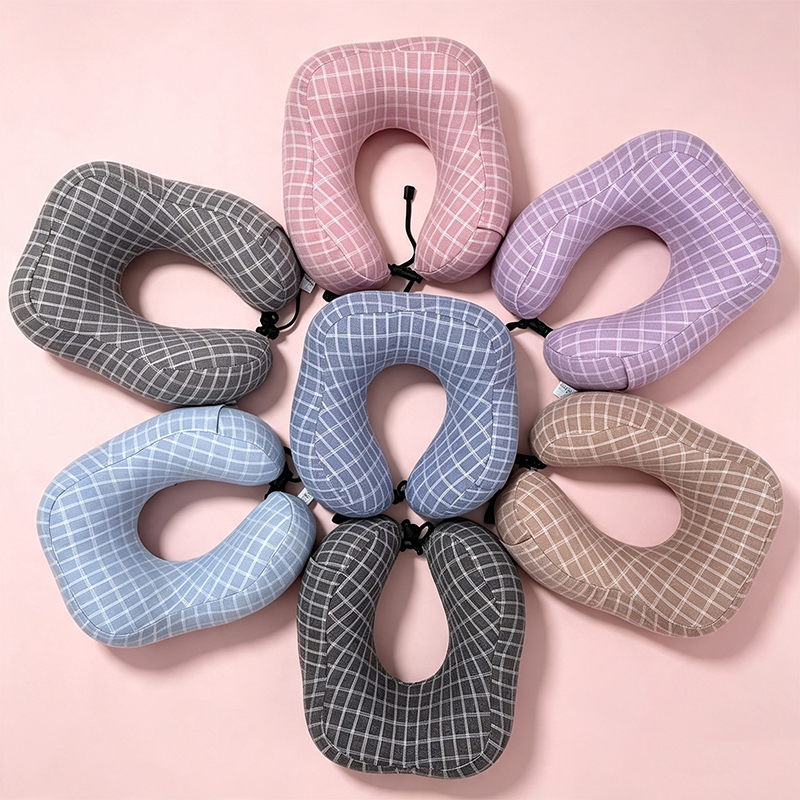 Heating grid U-shaped pillow, slow rebound memory foam, nap travel pillow, comfortable neck protection pillow, wholesale for export, ins multi-functional memory foam U-shaped pillow, checkered design, travel inflatable neck protection pillow, simple and comfortable style