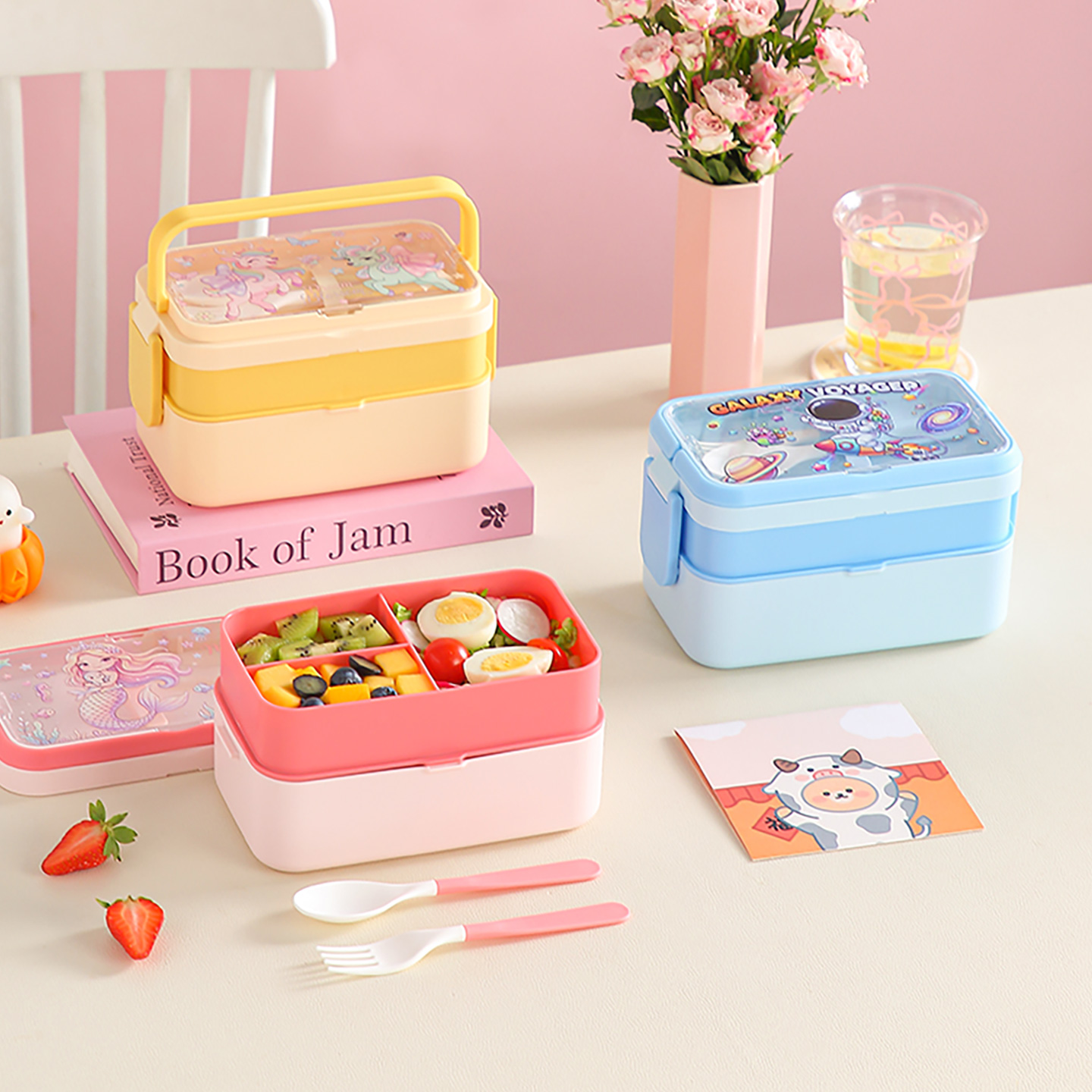 【CL】26Q3#6729 Colorful Cartoon Fresh-keeping Lunch Box Set, Stainless Steel four-compartment Lunch Box, Instant Noodle Bowl, Student Portable Tableware set