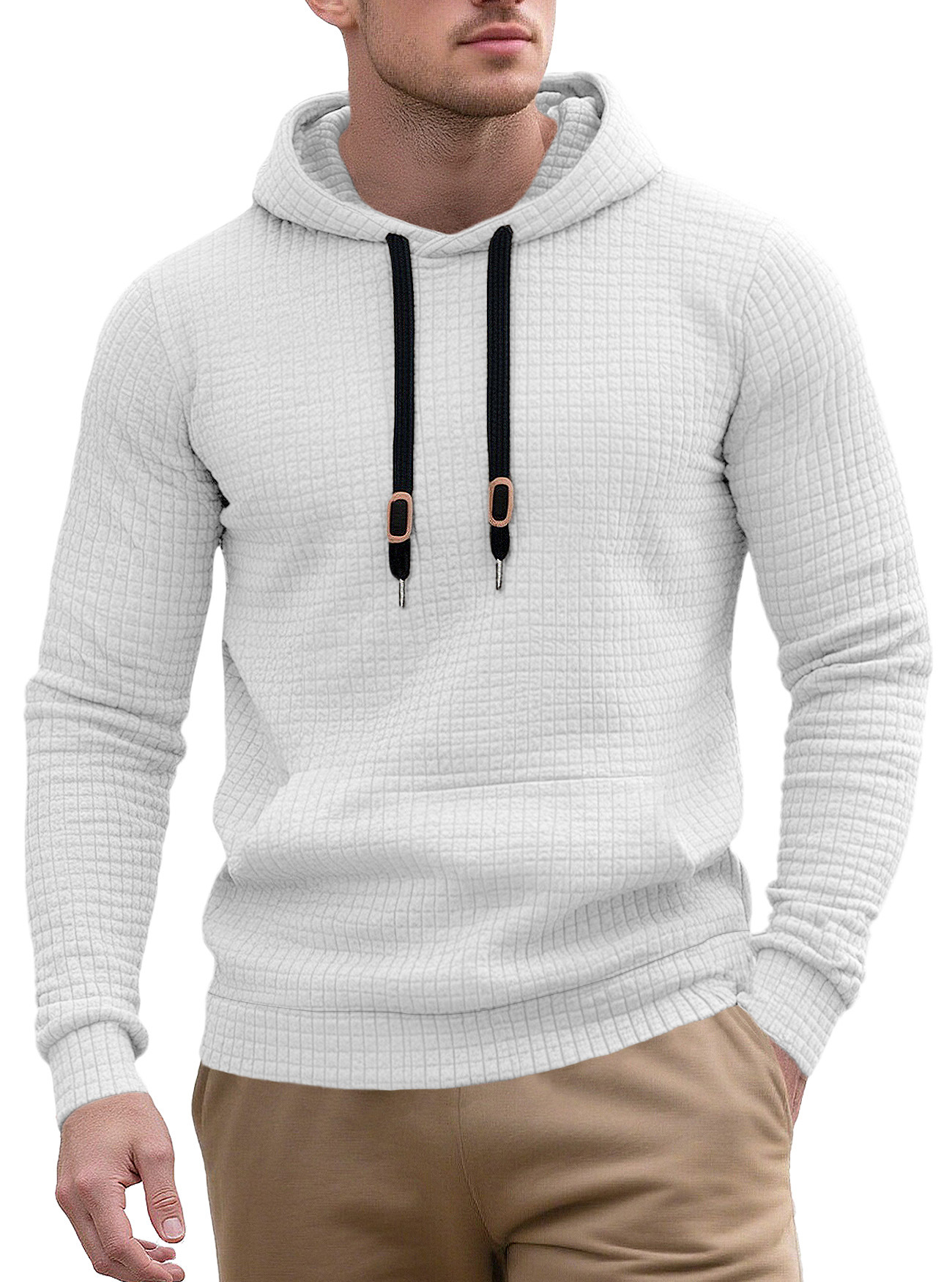 Cross-border men's jacquard top, Amazon Opa Spring and Autumn new casual loose sporty solid color hooded sweatshirt Item Picture