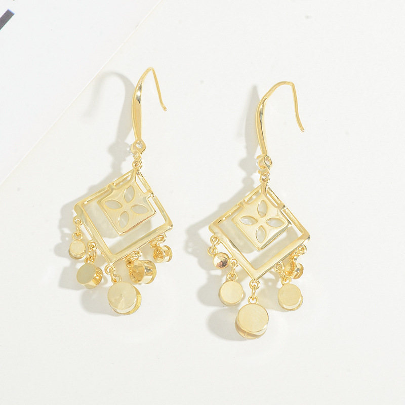 Golden hollowed-out square tassel ear hooks, female geometric square long pendant ear studs Item Picture