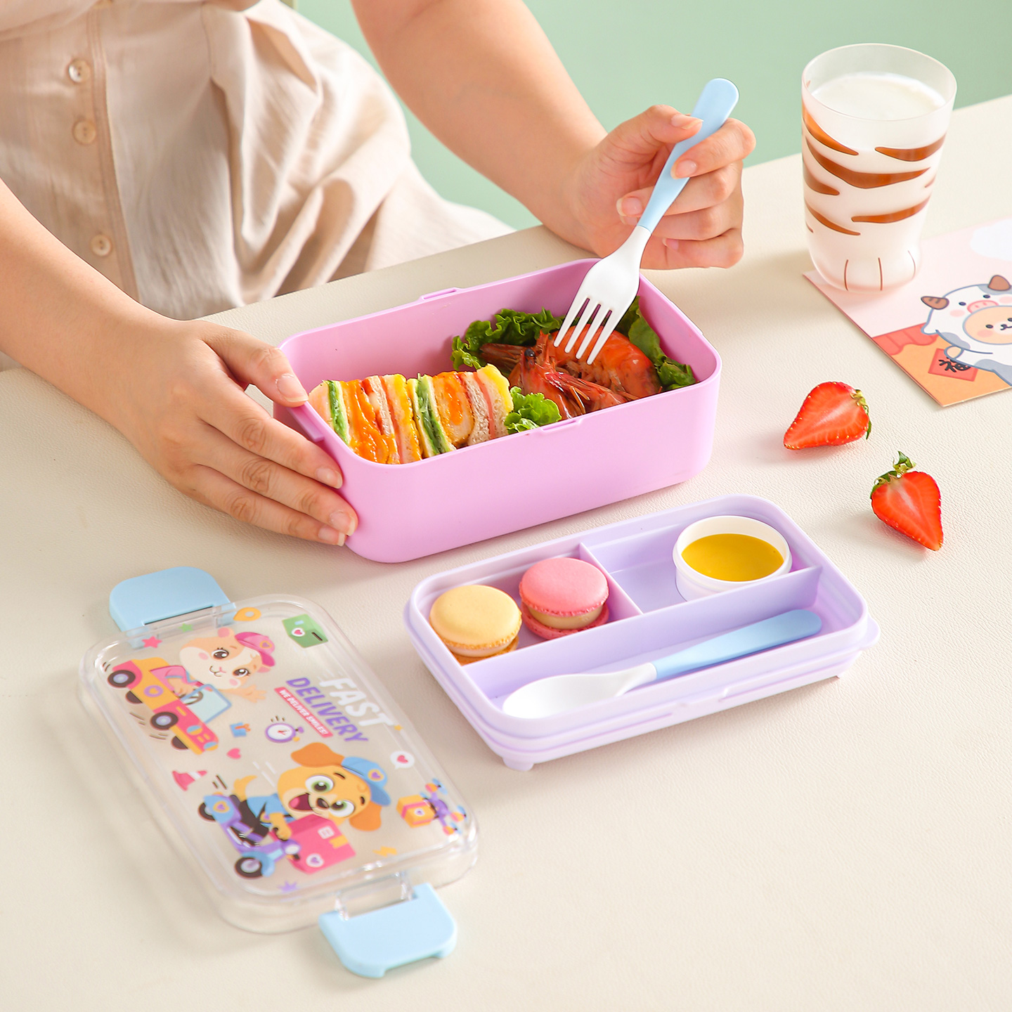 【CL】26Q3#6727 Color Cartoon Children's Tableware Set, Stainless Steel Insulated Lunch Box, four-compartment instant noodle Bowl, Student portable Tableware set details Picture