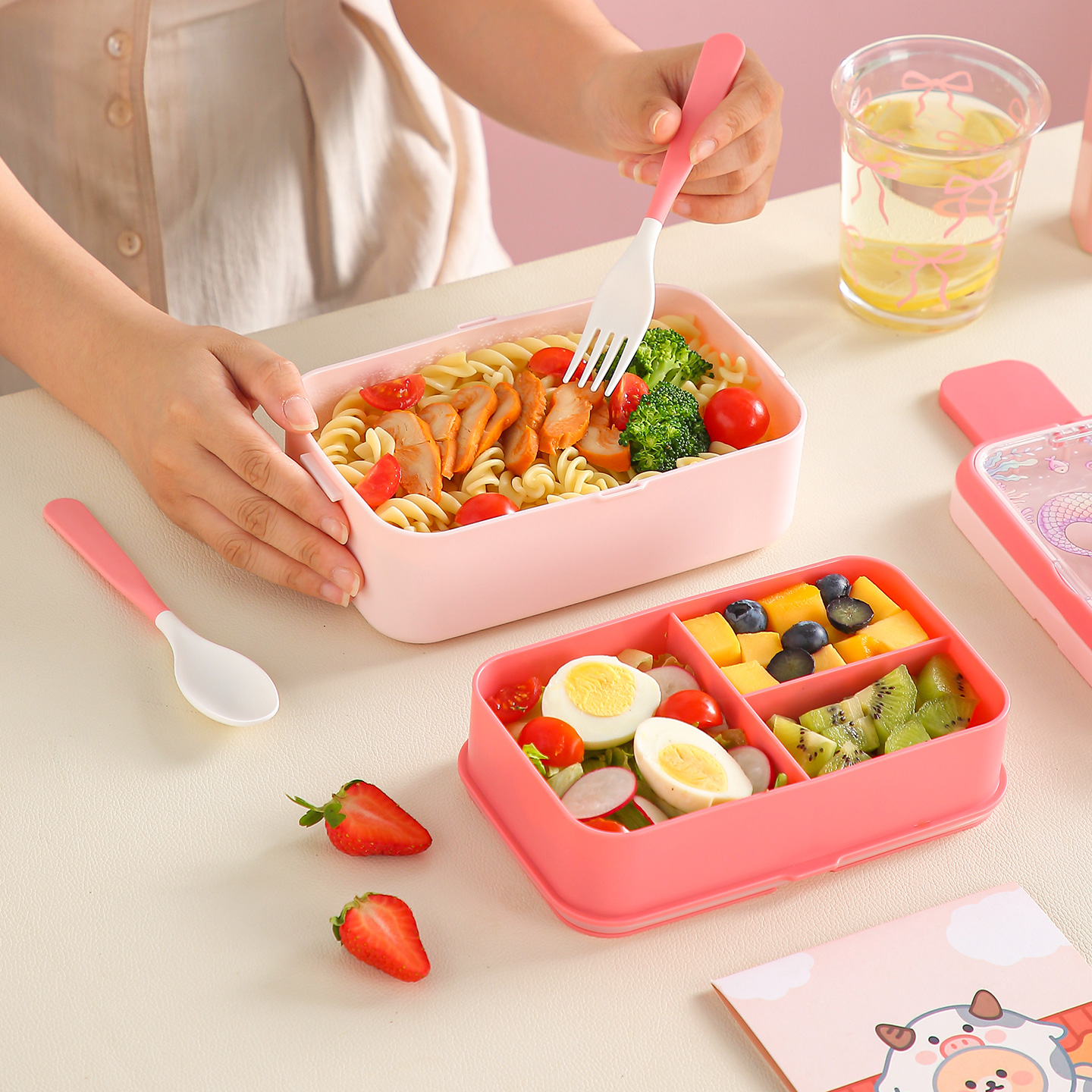【CL】26Q3#6729 Colorful Cartoon Fresh-keeping Lunch Box Set, Stainless Steel four-compartment Lunch Box, Instant Noodle Bowl, Student Portable Tableware set details Picture