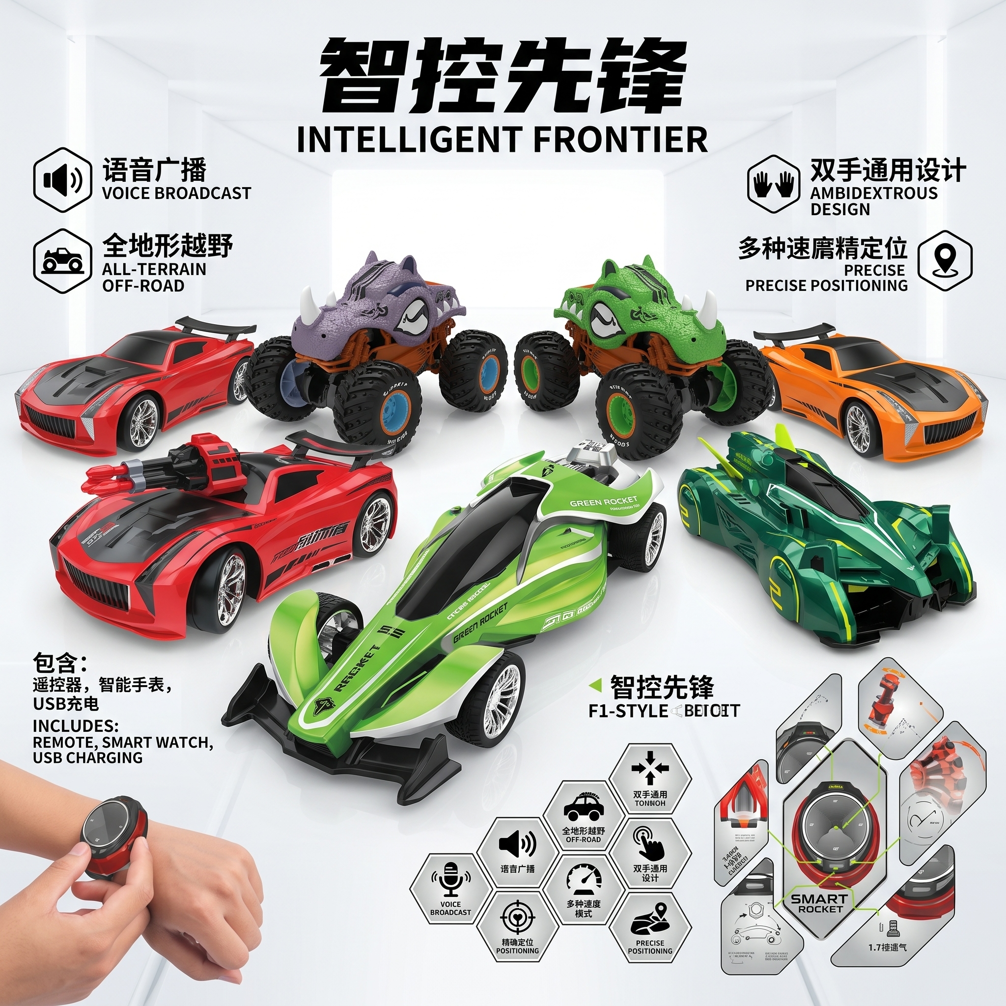 Colorful remote control racing car set, children's toy set, purple rhinoceros dinosaur off-road car, streamlined sports car, smartwatch remote control, charging cable