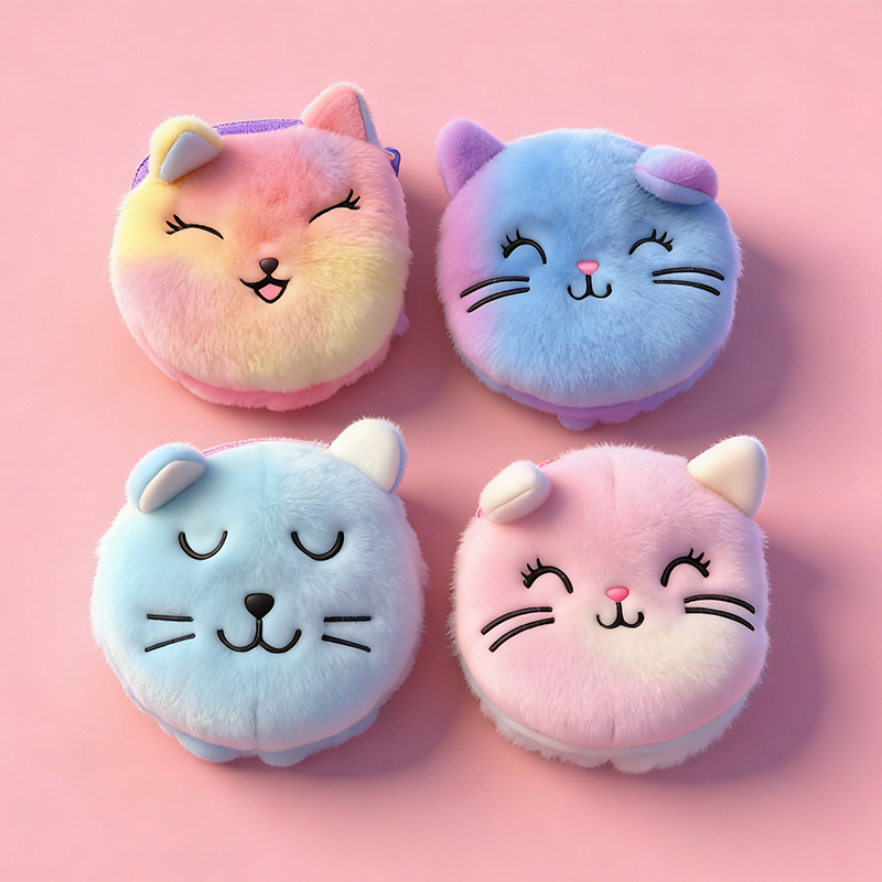 Gradient animal cat face coin purse, schoolbag, keychain, pendant, decoration, cosmetic bag, cute cartoon anime small gift, cute plush cat coin purse, children's cartoon small bag, fashionable multi-color toy style, women's trendy bag